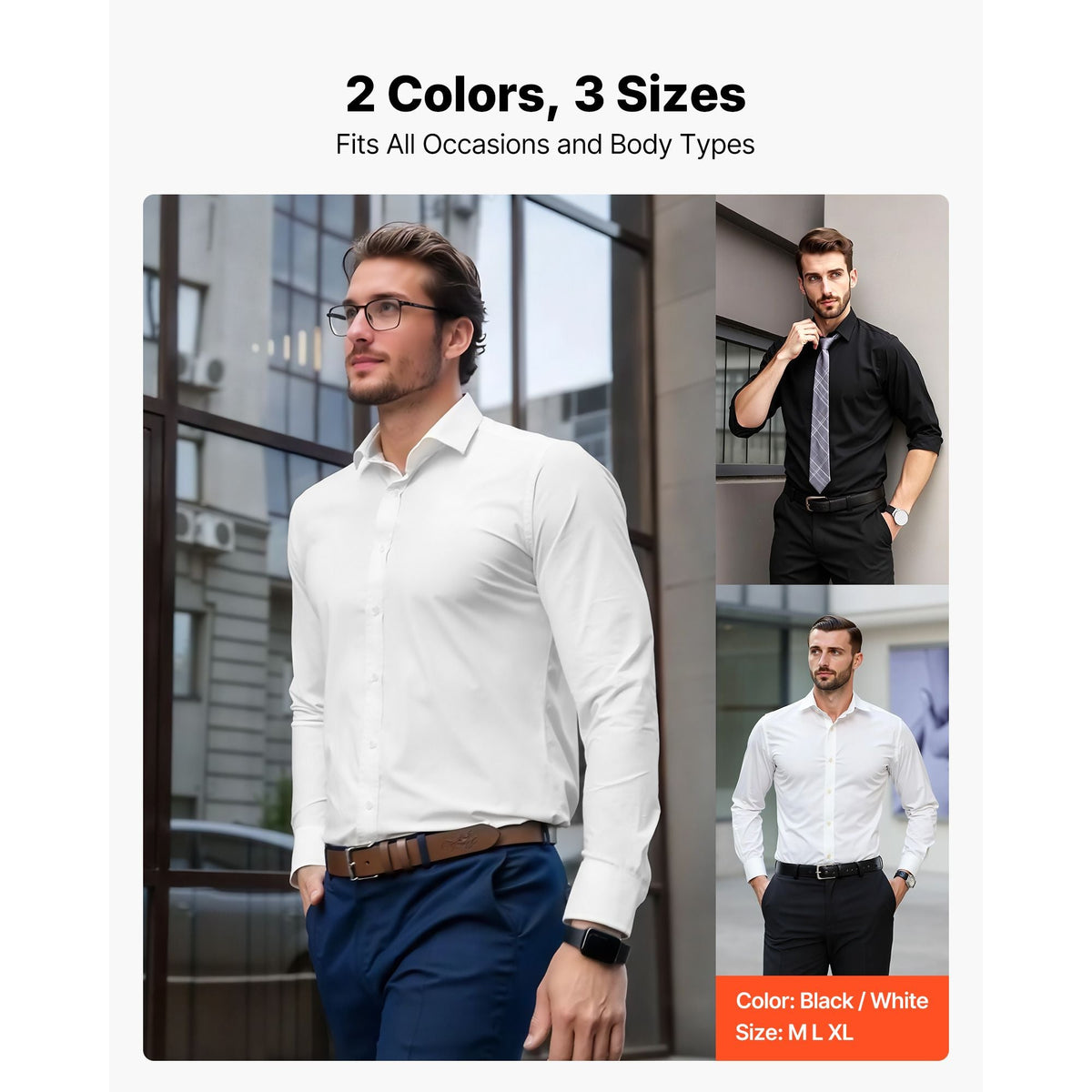 Men's Button Up Shirt, Mens Long Sleeve Wrinkle-free Button Down Dress Shirts, Slim Fit Soft Stretch Fabric for Business Casual or Formal, Work, Wedding, Dinner, White, L Size