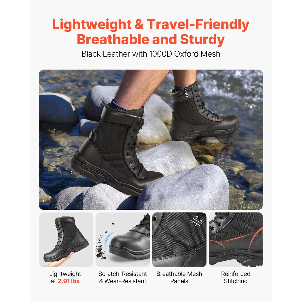 Men's Military Tactical Boots, 8 inch Combat Hiking Work Boots, Lightweight & Breathable Side Zipper Mens Motorcycle Interceptor Trooper Boot, for Outdoor Security Mountaineering, US Size 9.5