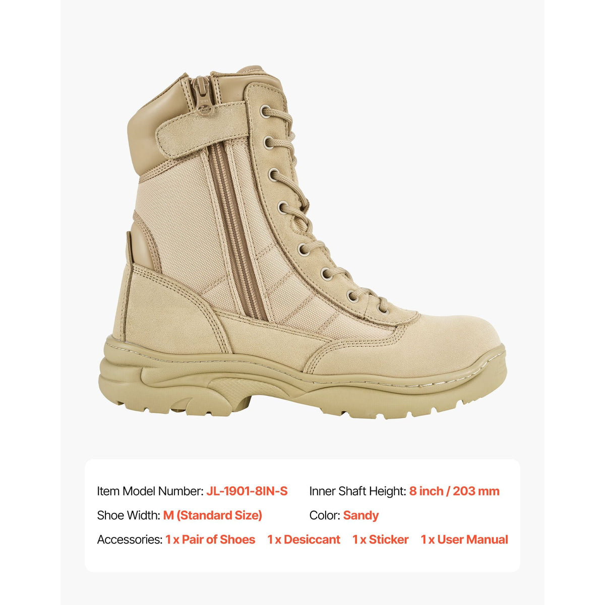 Men's Military Tactical Boots, 8 inch Combat Hiking Work Boots, Lightweight & Breathable Side Zipper Motorcycle Interceptor Trooper Boot, for Outdoor Security, US Size 10.5 Sand-colored