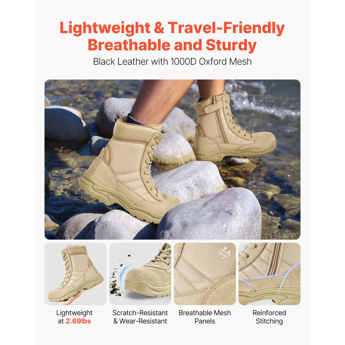 Men's Military Tactical Boots, 8 inch Combat Hiking Work Boots, Lightweight & Breathable Side Zipper Motorcycle Interceptor Trooper Boot, for Outdoor Security, US Size 11 Sand-colored