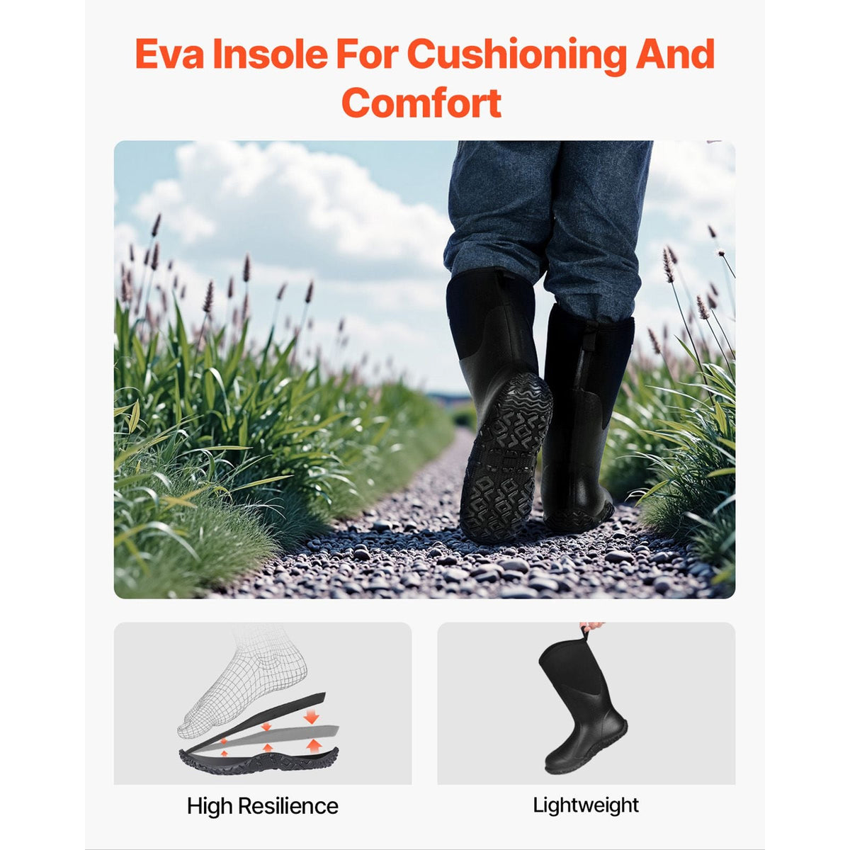 Men's Rubber Boots, Protective Footwear, Waterproof Anti Slip Hunting Boots, Gardening Insulated Mud Boots, Protective Footwear, Lightweight & Durable, for Manufacturing, Farming, Size 9 US