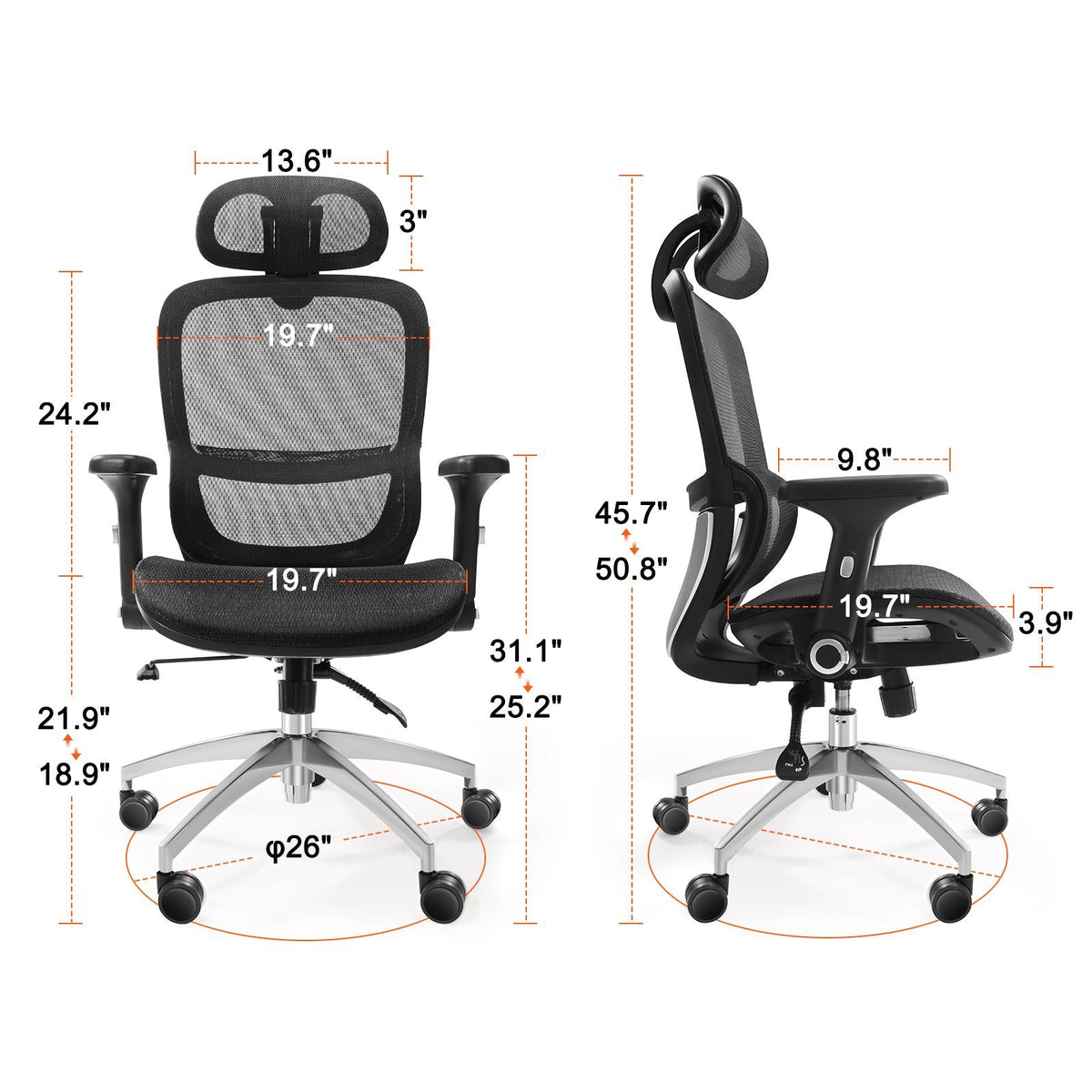 Mesh Office Chair, Adjustable High Back Desk Chair with Mesh Seat, Angle and Height Adjustable Home Office Chair with Lumbar and Head Support, Swivel Computer Task Chair