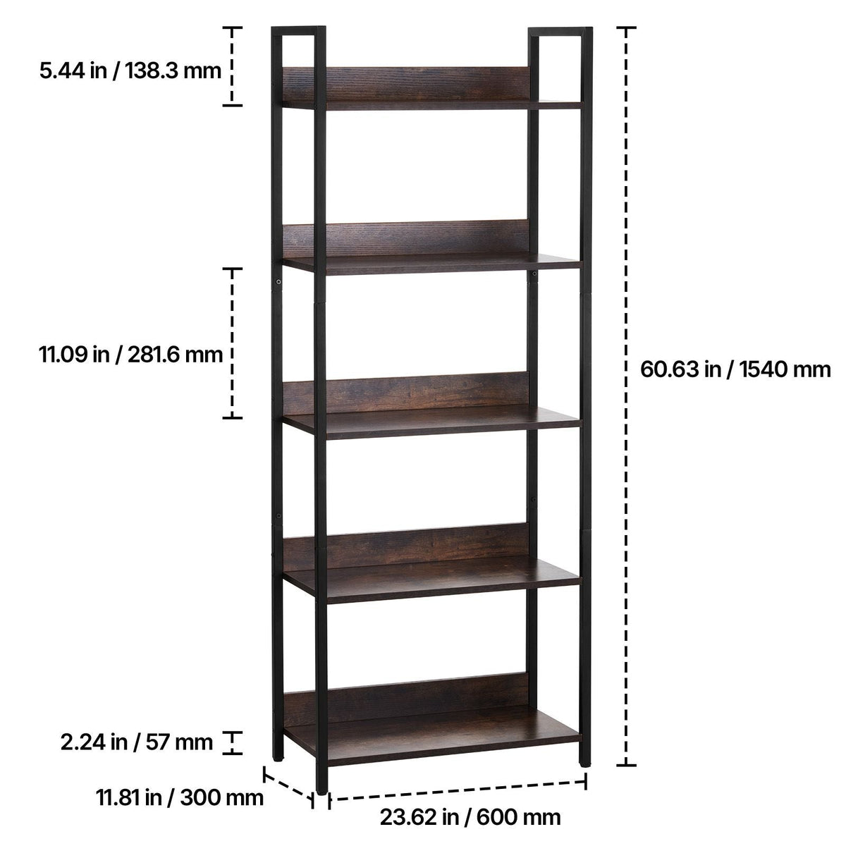 Metal Bookshelf, 5-Tier Tall Industrial Bookshelf, Rustic Display Vintage Storage Bookcase with Open Shelves, Freestanding Display Shelving Unit Storage Rack, for Living room, Bedroom & Office