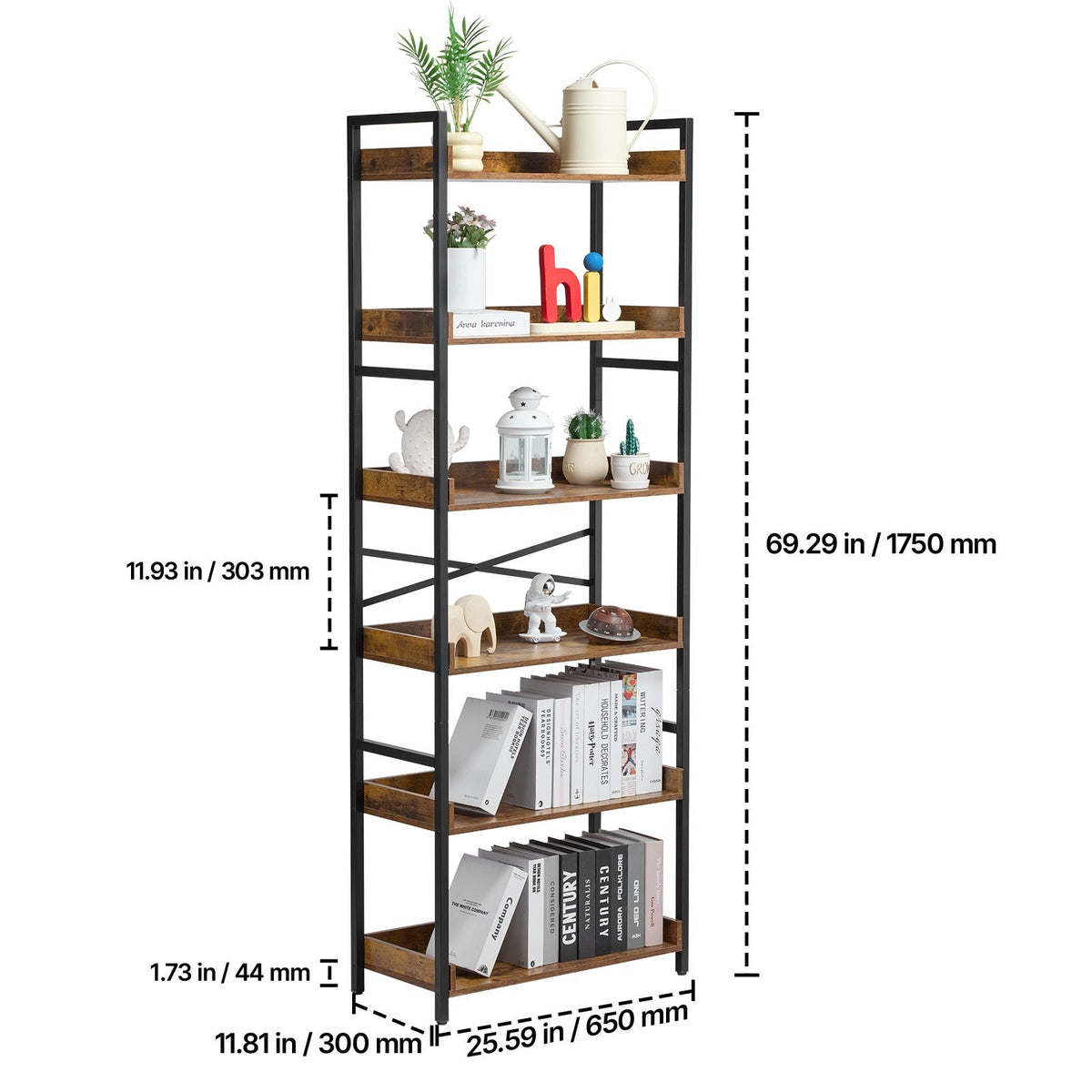 Metal Bookshelf, 6-Tier Industrial Bookshelf, Tall Wide Rustic Vintage Storage Bookcase with Open Shelves, Freestanding Display Shelving Unit Storage Rack, for Living room, Bedroom & Office