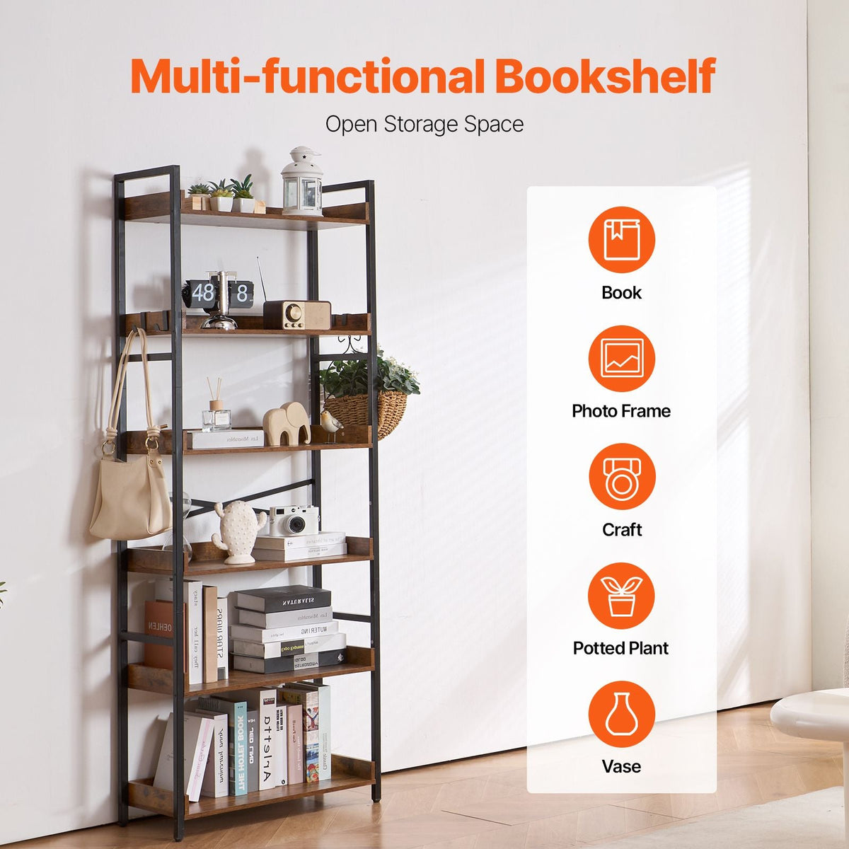 Metal Bookshelf, 6-Tier Industrial Bookshelf, Tall Wide Rustic Vintage Storage Bookcase with Open Shelves, Freestanding Display Shelving Unit Storage Rack, for Living room, Bedroom & Office