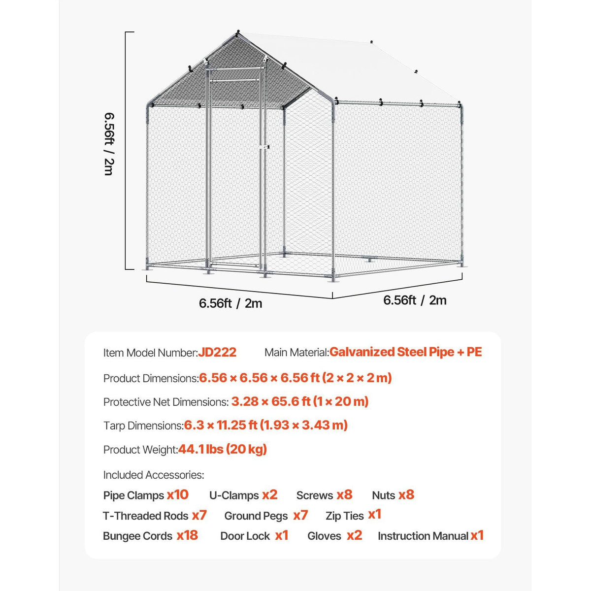 Metal Chicken Coop, 6.56x6.56x6.56ft Large Walk-in Chicken Runs with Cover, Spire Roof Hen House Enclosure with Security Lock, Outdoor Duck Rabbit Cage Poultry Pen for Backyard, Farm, Yard