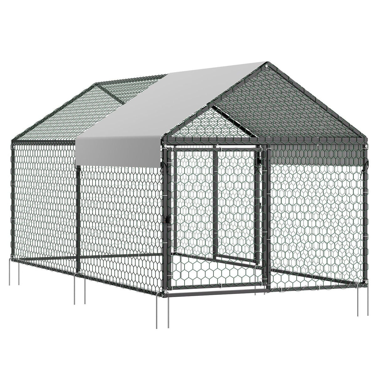 Metal Chicken Coop for 4-6 Chickens, 3.3 x 6.6 x 3.3 ft, Small Chicken Cage with Waterproof Cover & Double Doors, Spire Roof Poultry Run Compatible with Wooden Coops, for Rabbit Hen Goose Duck