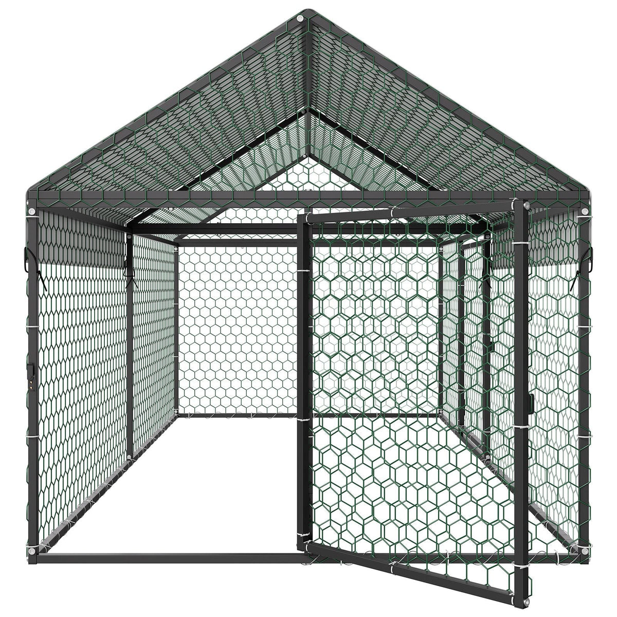 Metal Chicken Coop for 4-6 Chickens, 3.3 x 6.6 x 3.3 ft, Small Chicken Cage with Waterproof Cover & Double Doors, Spire Roof Poultry Run Compatible with Wooden Coops, for Rabbit Hen Goose Duck