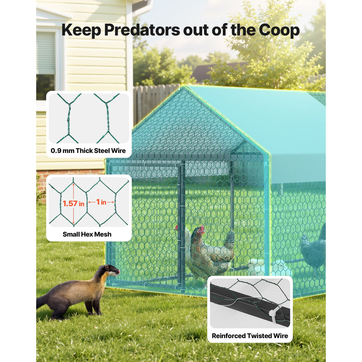 Metal Chicken Coop for 4-6 Chickens, 3.3 x 6.6 x 3.3 ft, Small Chicken Cage with Waterproof Cover & Double Doors, Spire Roof Poultry Run Compatible with Wooden Coops, for Rabbit Hen Goose Duck