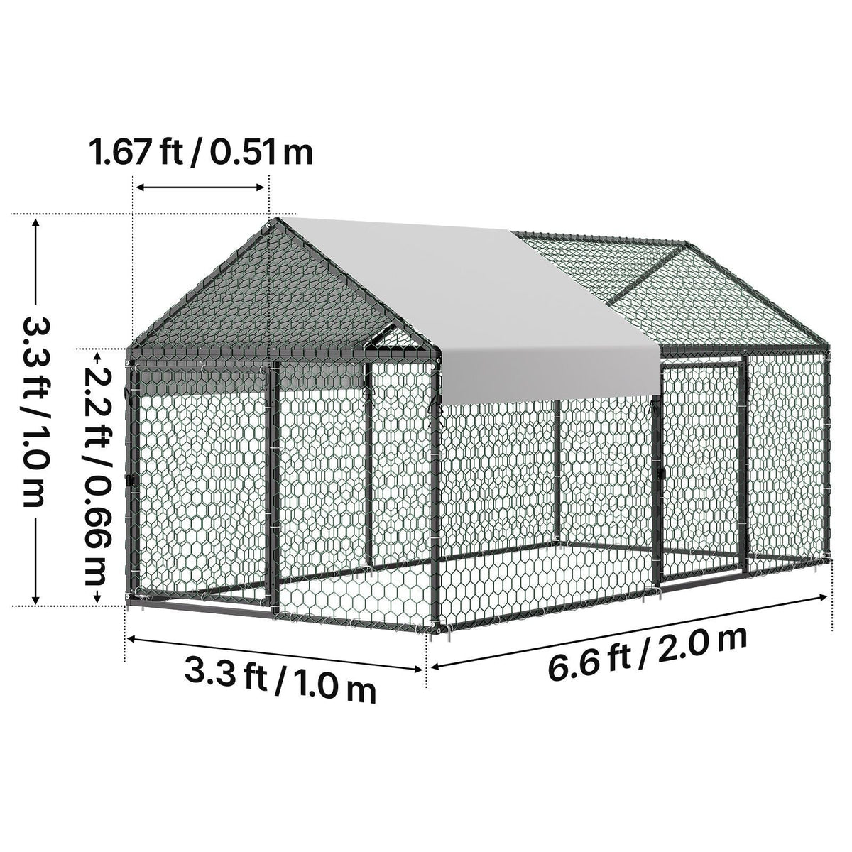 Metal Chicken Coop for 4-6 Chickens, 3.3 x 6.6 x 3.3 ft, Small Chicken Cage with Waterproof Cover & Double Doors, Spire Roof Poultry Run Compatible with Wooden Coops, for Rabbit Hen Goose Duck