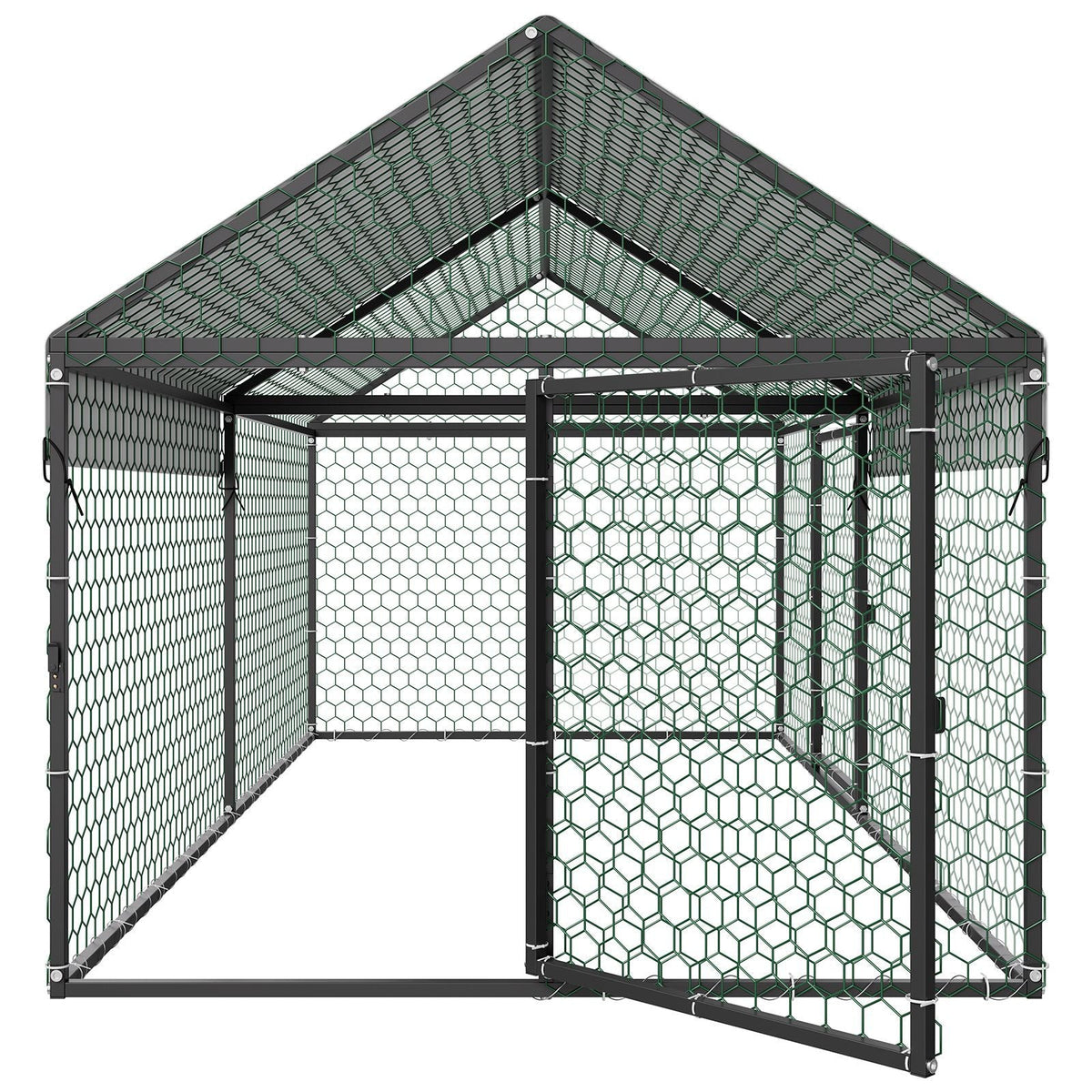 Metal Chicken Coop for 4-6 Chickens, 3.3 x 6.6 x 3.3 ft, Small Chicken Cage with Waterproof Cover & Double Doors, Spire Roof Poultry Run Compatible with Wooden Coops, for Rabbit Hen Goose Duck