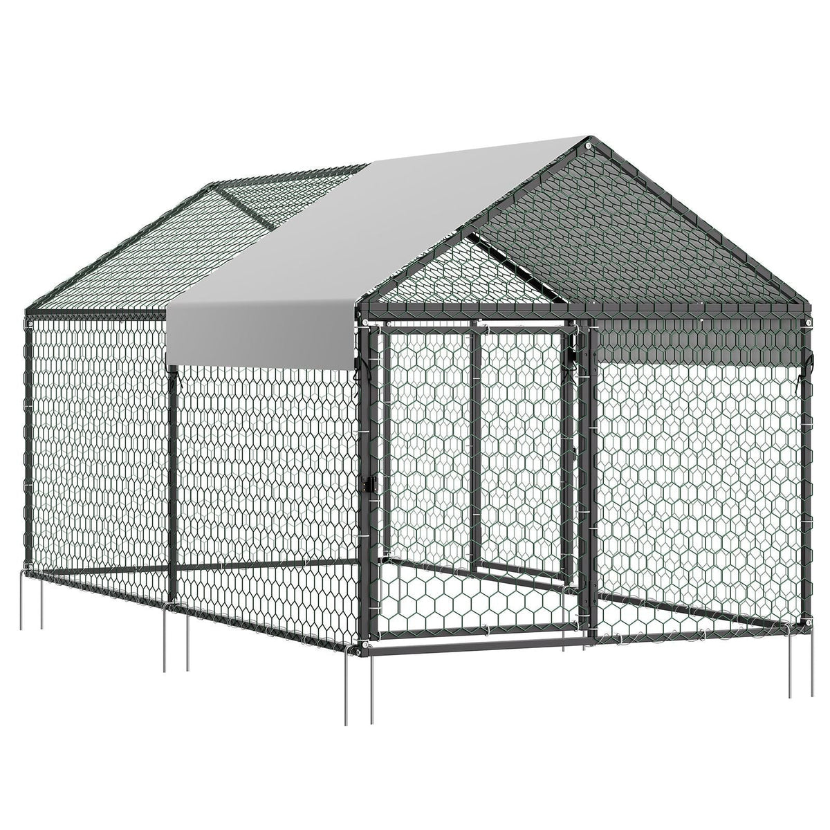 Metal Chicken Coop for 4-6 Chickens, 3.3 x 6.6 x 3.3 ft, Small Chicken Cage with Waterproof Cover & Double Doors, Spire Roof Poultry Run Compatible with Wooden Coops, for Rabbit Hen Goose Duck
