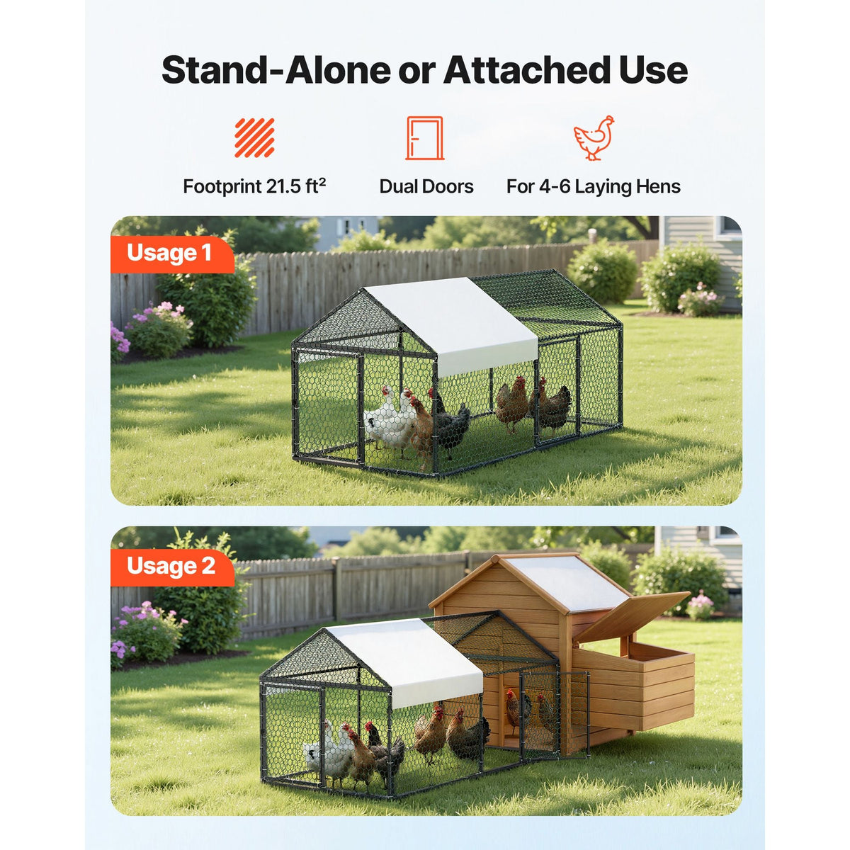 Metal Chicken Coop for 4-6 Chickens, 3.3 x 6.6 x 3.3 ft, Small Chicken Cage with Waterproof Cover & Double Doors, Spire Roof Poultry Run Compatible with Wooden Coops, for Rabbit Hen Goose Duck
