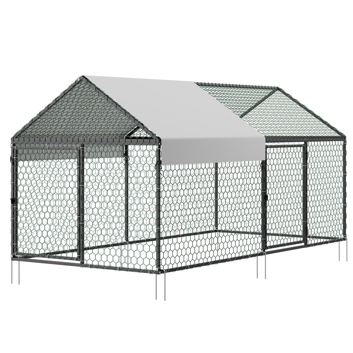 Metal Chicken Coop for 4-6 Chickens, 3.3 x 6.6 x 3.3 ft, Small Chicken Cage with Waterproof Cover & Double Doors, Spire Roof Poultry Run Compatible with Wooden Coops, for Rabbit Hen Goose Duck