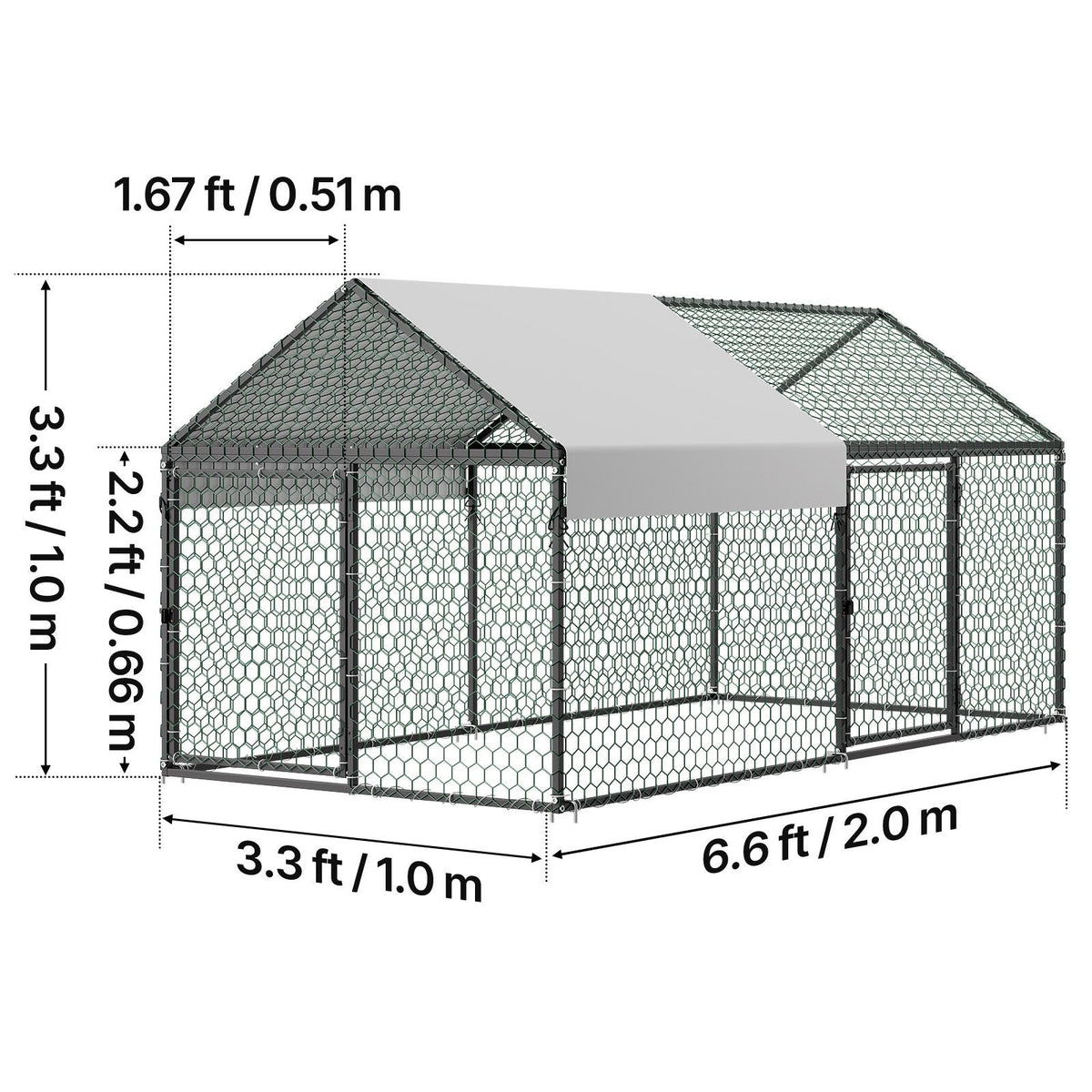Metal Chicken Coop for 4-6 Chickens, 3.3 x 6.6 x 3.3 ft, Small Chicken Cage with Waterproof Cover & Double Doors, Spire Roof Poultry Run Compatible with Wooden Coops, for Rabbit Hen Goose Duck