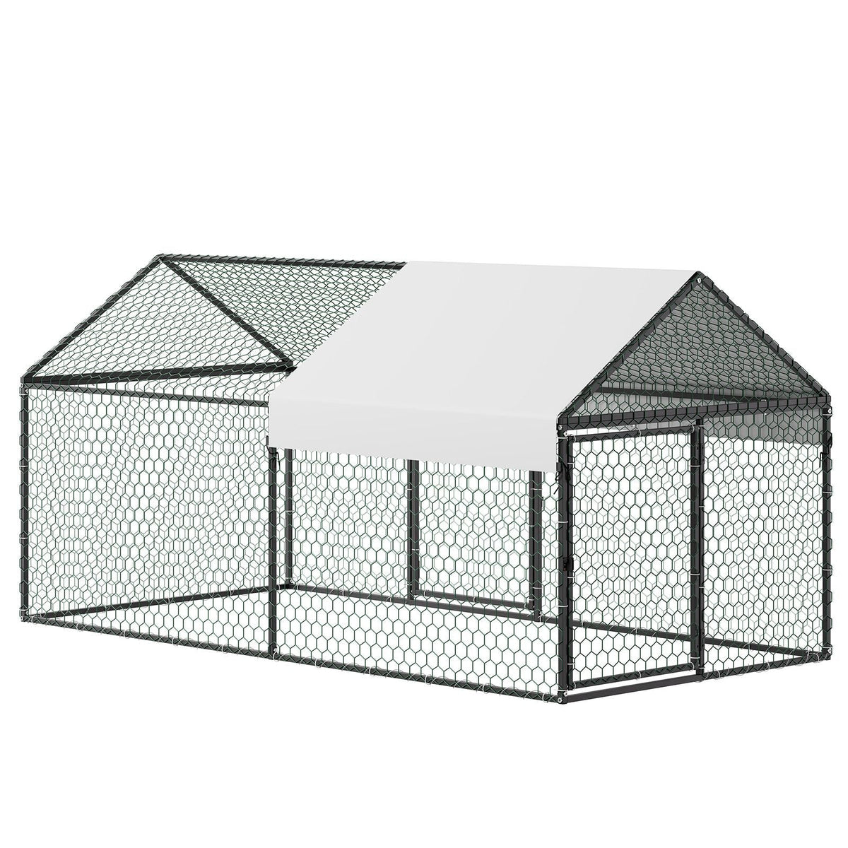 Metal Chicken Coop for 4-6 Chickens, 3.3 x 6.6 x 3.3 ft, Small Chicken Cage with Waterproof Cover & Double Doors, Spire Roof Poultry Run Compatible with Wooden Coops, for Rabbit Hen Goose Duck