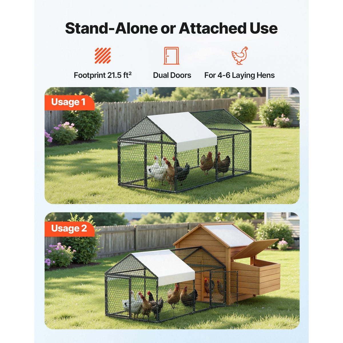 Metal Chicken Coop for 4-6 Chickens, 3.3 x 6.6 x 3.3 ft, Small Chicken Cage with Waterproof Cover & Double Doors, Spire Roof Poultry Run Compatible with Wooden Coops, for Rabbit Hen Goose Duck