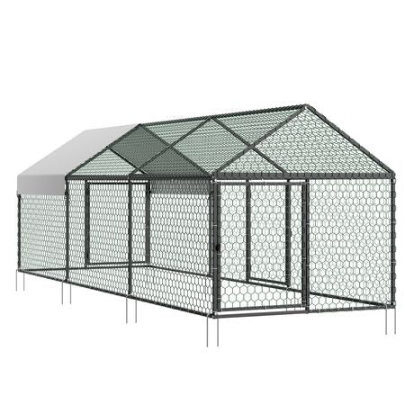 Metal Chicken Coop for 6-8 Chickens, 3.3 x 9.8 x 3.3 ft, Small Chicken Cage with Waterproof Cover & 3 Doors, Spire Roof Poultry Run Compatible with Wooden Coops, for Rabbit Hen Goose Duck