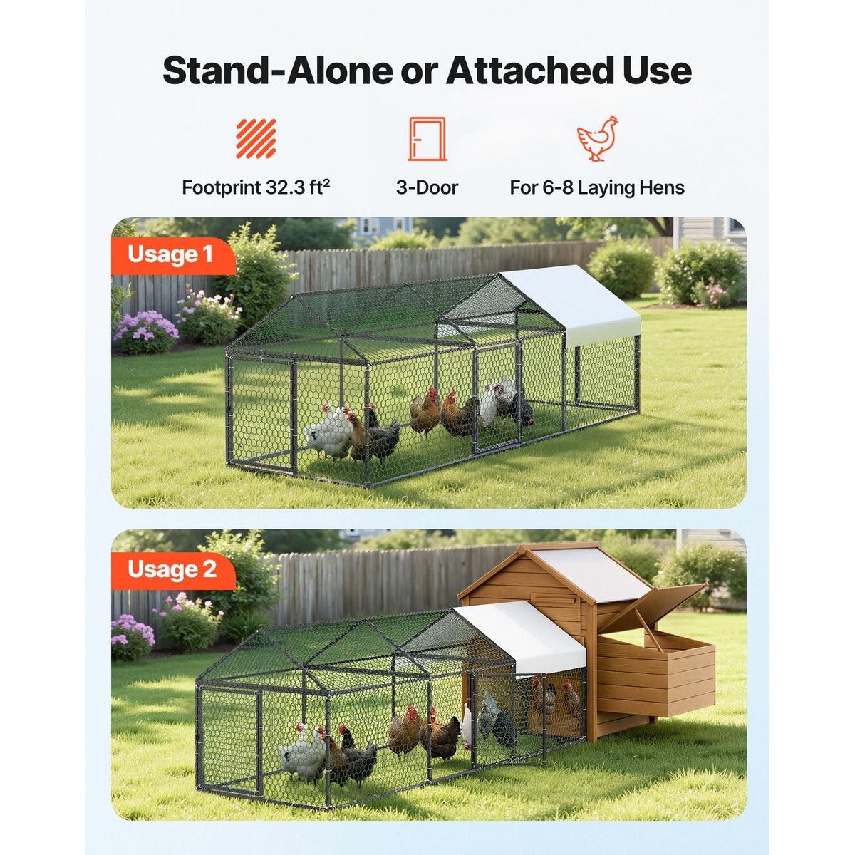 Metal Chicken Coop for 6-8 Chickens, 3.3 x 9.8 x 3.3 ft, Small Chicken Cage with Waterproof Cover & 3 Doors, Spire Roof Poultry Run Compatible with Wooden Coops, for Rabbit Hen Goose Duck