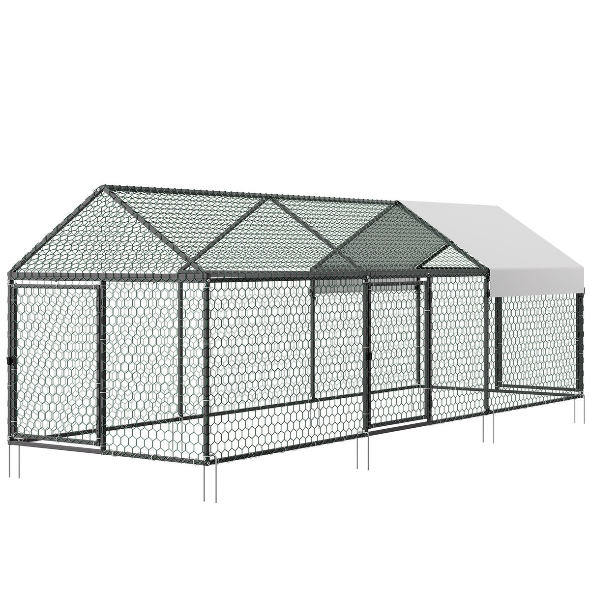 Metal Chicken Coop for 6-8 Chickens, 3.3 x 9.8 x 3.3 ft, Small Chicken Cage with Waterproof Cover & 3 Doors, Spire Roof Poultry Run Compatible with Wooden Coops, for Rabbit Hen Goose Duck