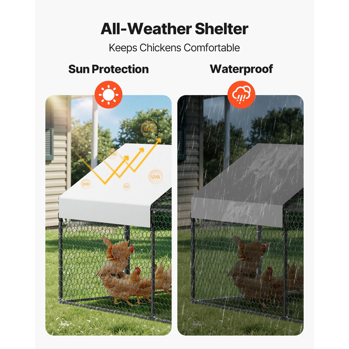 Metal Chicken Coop for 6-8 Chickens, 3.3 x 9.8 x 3.3 ft, Small Chicken Cage with Waterproof Cover & 3 Doors, Spire Roof Poultry Run Compatible with Wooden Coops, for Rabbit Hen Goose Duck