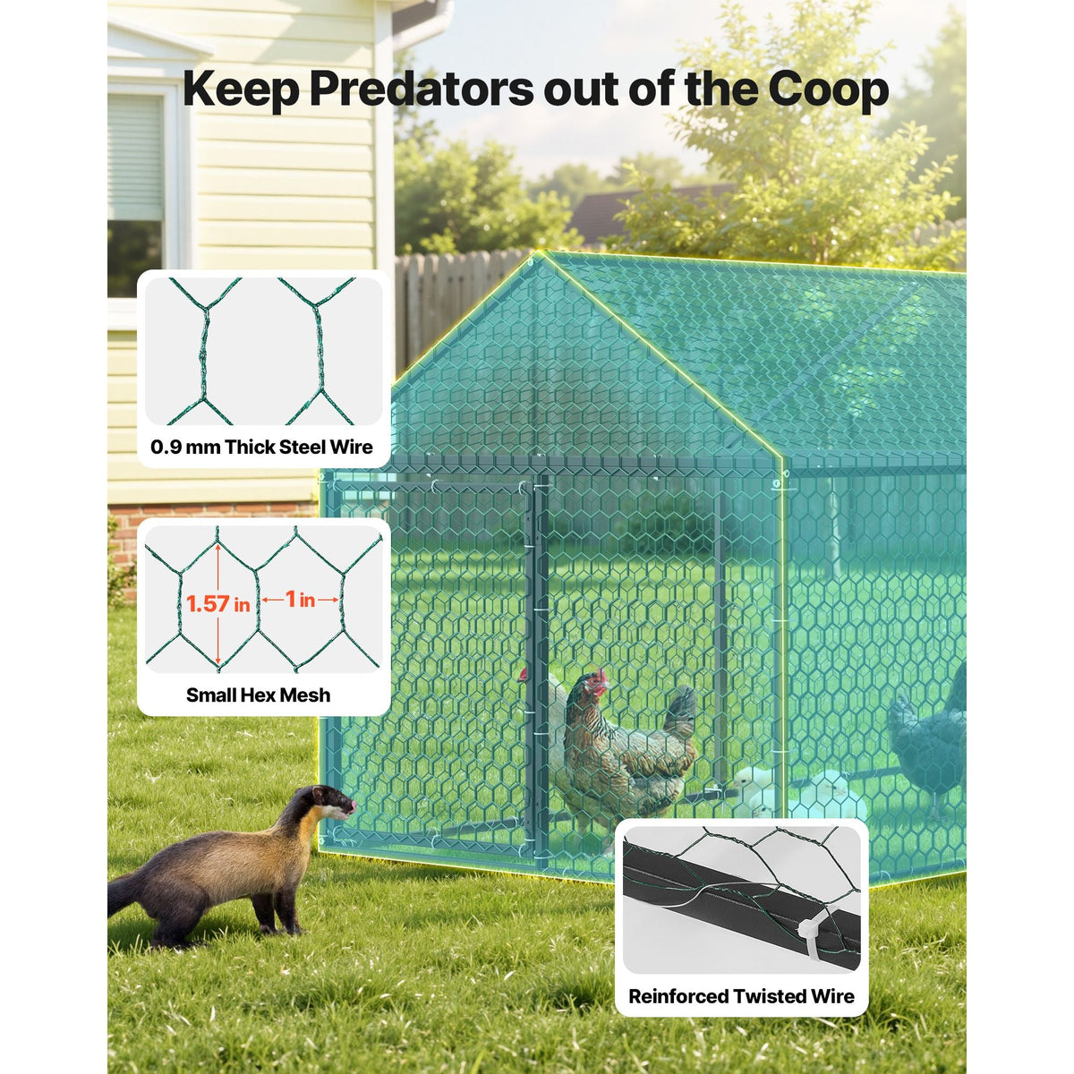 Metal Chicken Coop for 6-8 Chickens, 3.3 x 9.8 x 3.3 ft, Small Chicken Cage with Waterproof Cover & 3 Doors, Spire Roof Poultry Run Compatible with Wooden Coops, for Rabbit Hen Goose Duck
