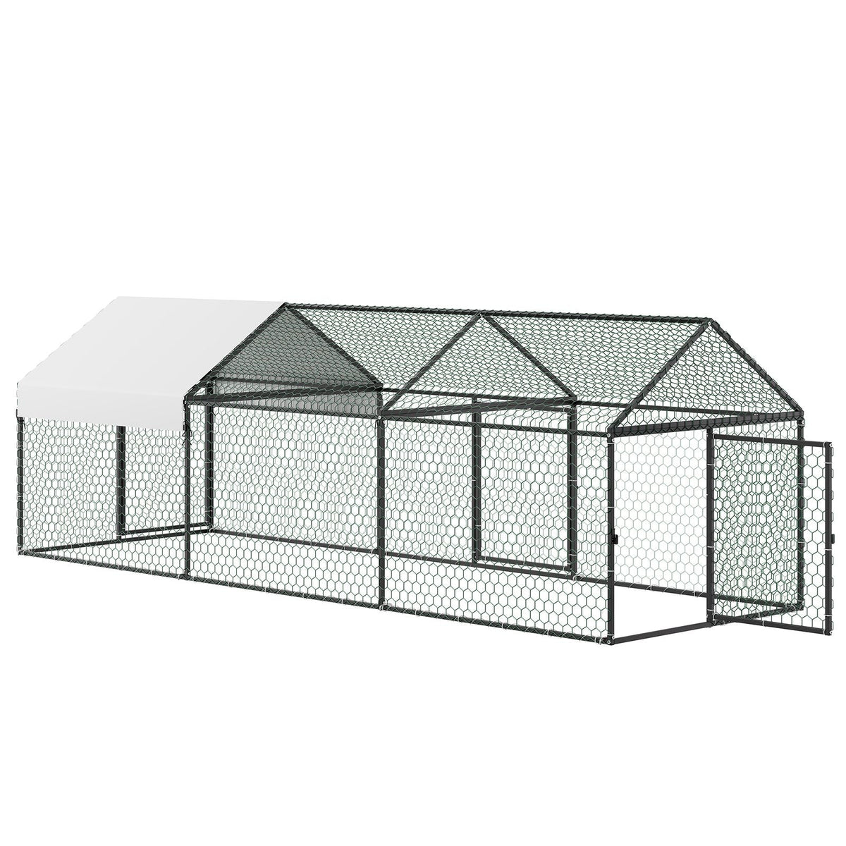 Metal Chicken Coop for 6-8 Chickens, 3.3 x 9.8 x 3.3 ft, Small Chicken Cage with Waterproof Cover & 3 Doors, Spire Roof Poultry Run Compatible with Wooden Coops, for Rabbit Hen Goose Duck