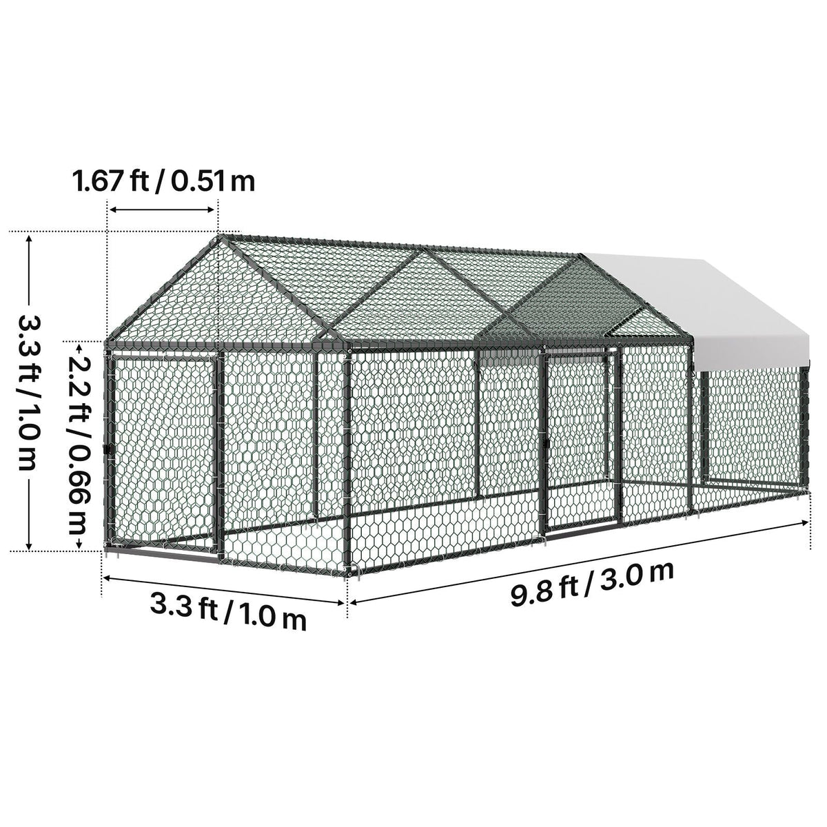 Metal Chicken Coop for 6-8 Chickens, 3.3 x 9.8 x 3.3 ft, Small Chicken Cage with Waterproof Cover & 3 Doors, Spire Roof Poultry Run Compatible with Wooden Coops, for Rabbit Hen Goose Duck