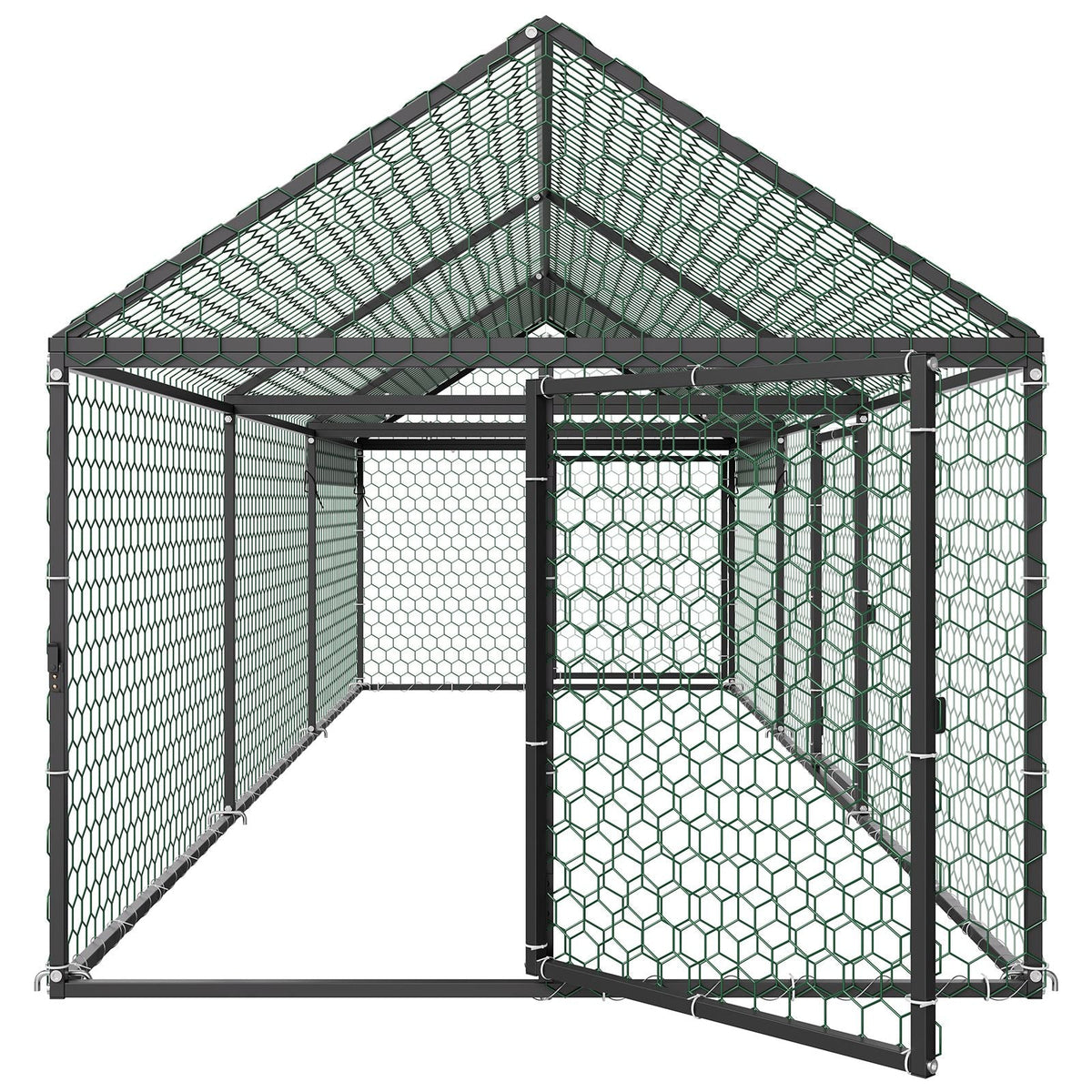 Metal Chicken Coop for 6-8 Chickens, 3.3 x 9.8 x 3.3 ft, Small Chicken Cage with Waterproof Cover & 3 Doors, Spire Roof Poultry Run Compatible with Wooden Coops, for Rabbit Hen Goose Duck