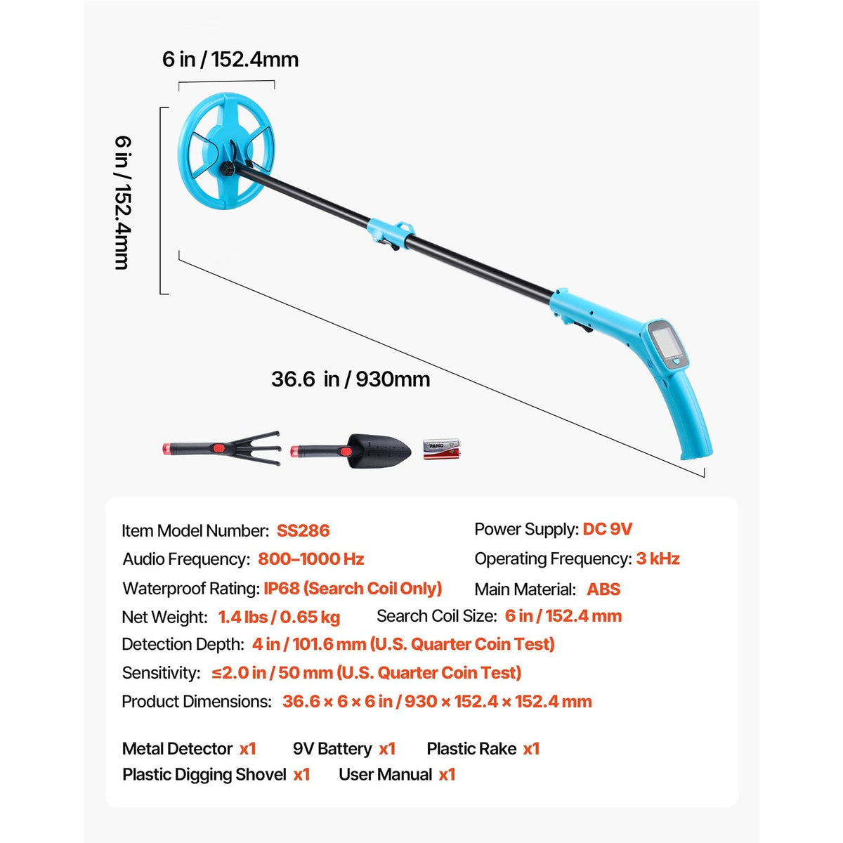 Metal Detector, 4", Lightweight Metal Detector with LCD Display, 6" IP68 Waterproof Search Coil, Adjustable 25.6"-36.6" High Accuracy Gold Detector, Easy to Use, for Detecting Gold Exploration