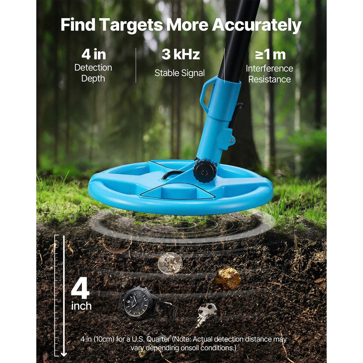 Metal Detector, 4", Lightweight Metal Detector with LCD Display, 6" IP68 Waterproof Search Coil, Adjustable 25.6"-36.6" High Accuracy Gold Detector, Easy to Use, for Detecting Gold Exploration