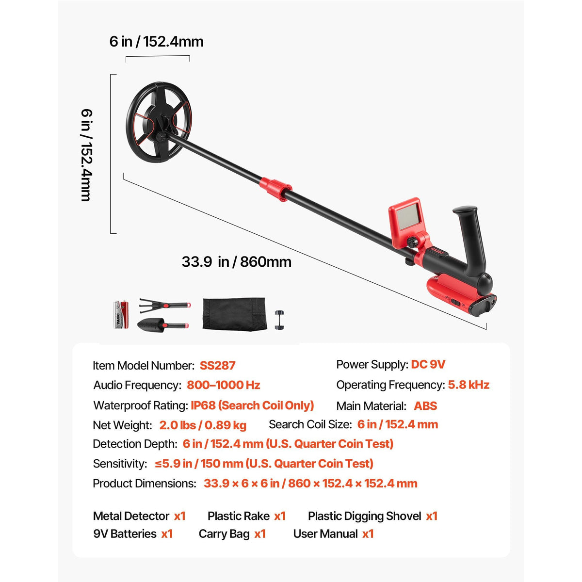 Metal Detector, 6", Lightweight Metal Detector with LCD Display, IP68 Waterproof Search Coil, Adjustable 22.8"-33.8" High Accuracy Gold Detector, Easy to Use, for Detecting Gold Treasure Hunting