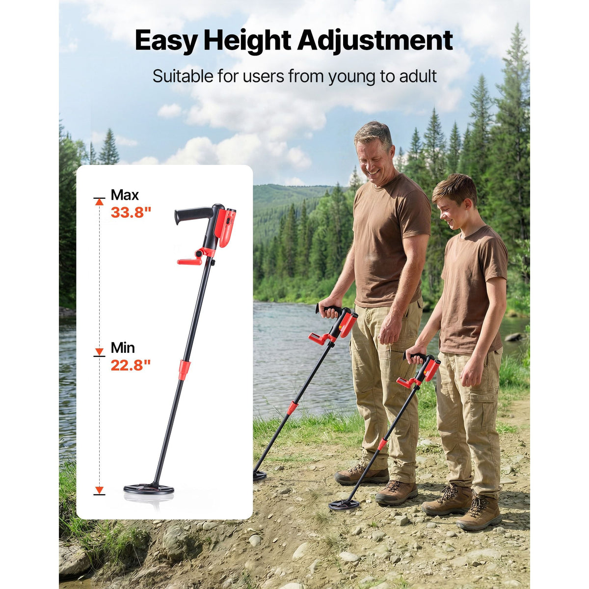 Metal Detector, 6", Lightweight Metal Detector with LCD Display, IP68 Waterproof Search Coil, Adjustable 22.8"-33.8" High Accuracy Gold Detector, Easy to Use, for Detecting Gold Treasure Hunting