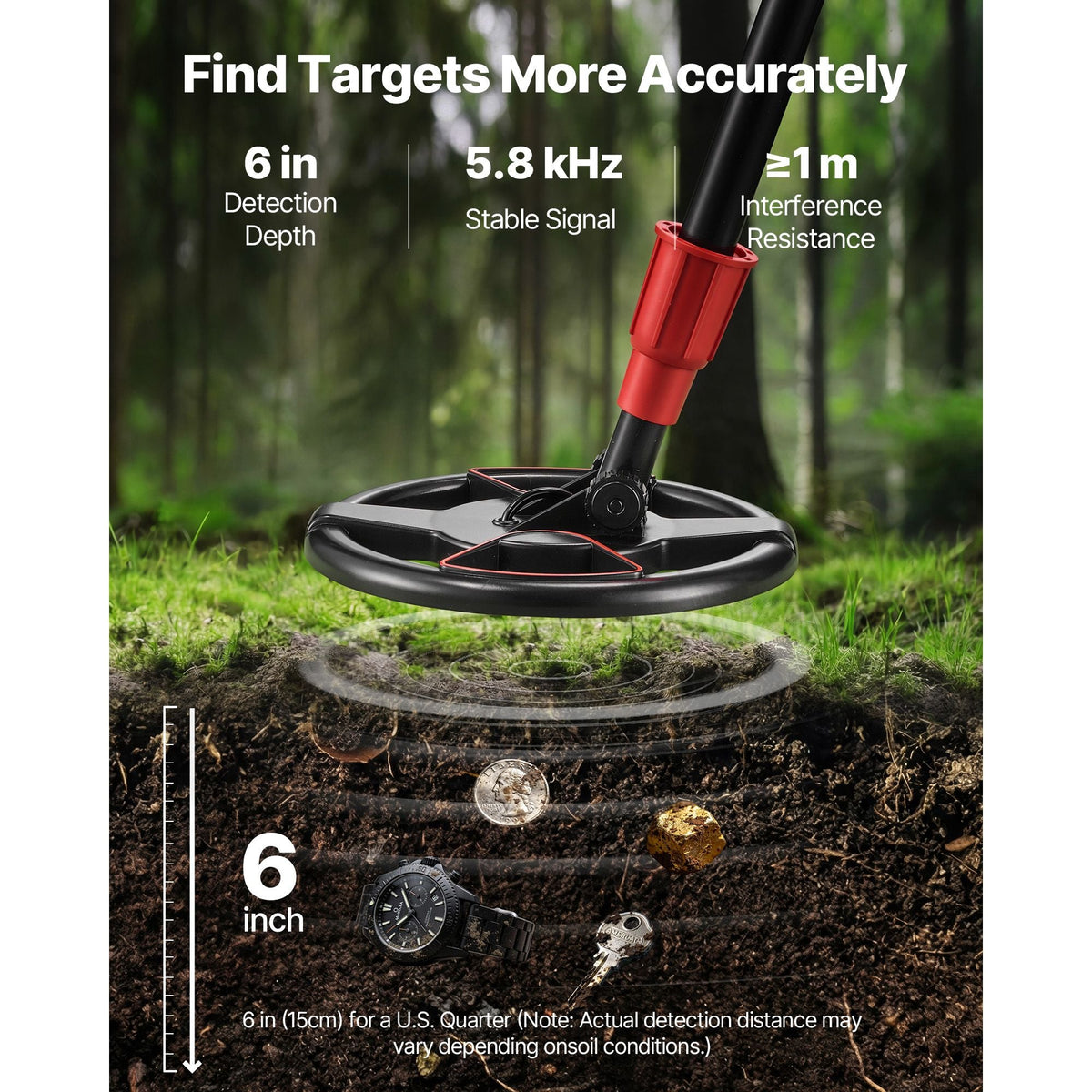 Metal Detector, 6", Lightweight Metal Detector with LCD Display, IP68 Waterproof Search Coil, Adjustable 22.8"-33.8" High Accuracy Gold Detector, Easy to Use, for Detecting Gold Treasure Hunting