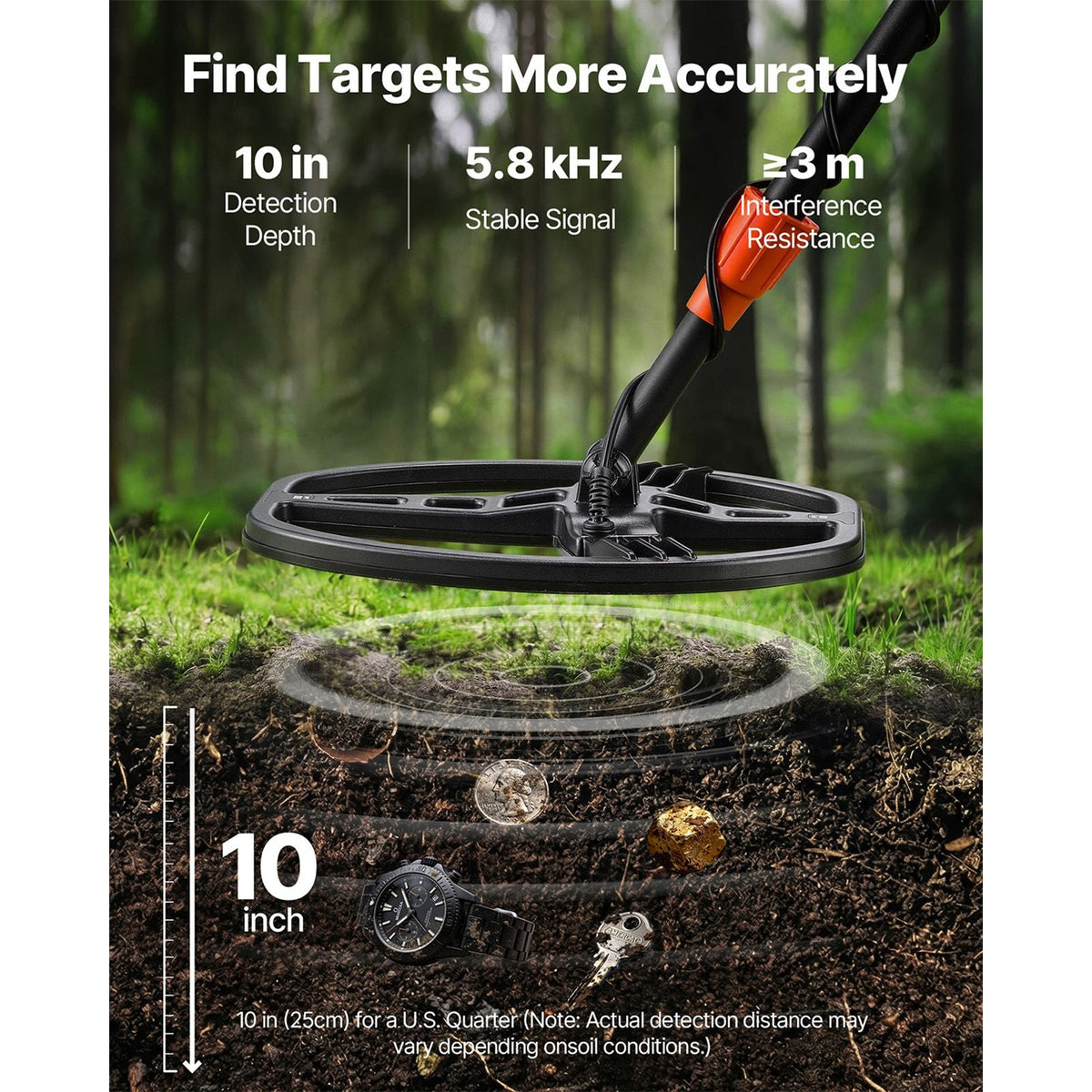 Metal Detector for Adults, 10", Professional High Accuracy Gold Detector, IP68 Waterproof Search Coil with Display, Headphones, 5 Modes, Adjustable Length, for Detecting Gold Treasure Hunting
