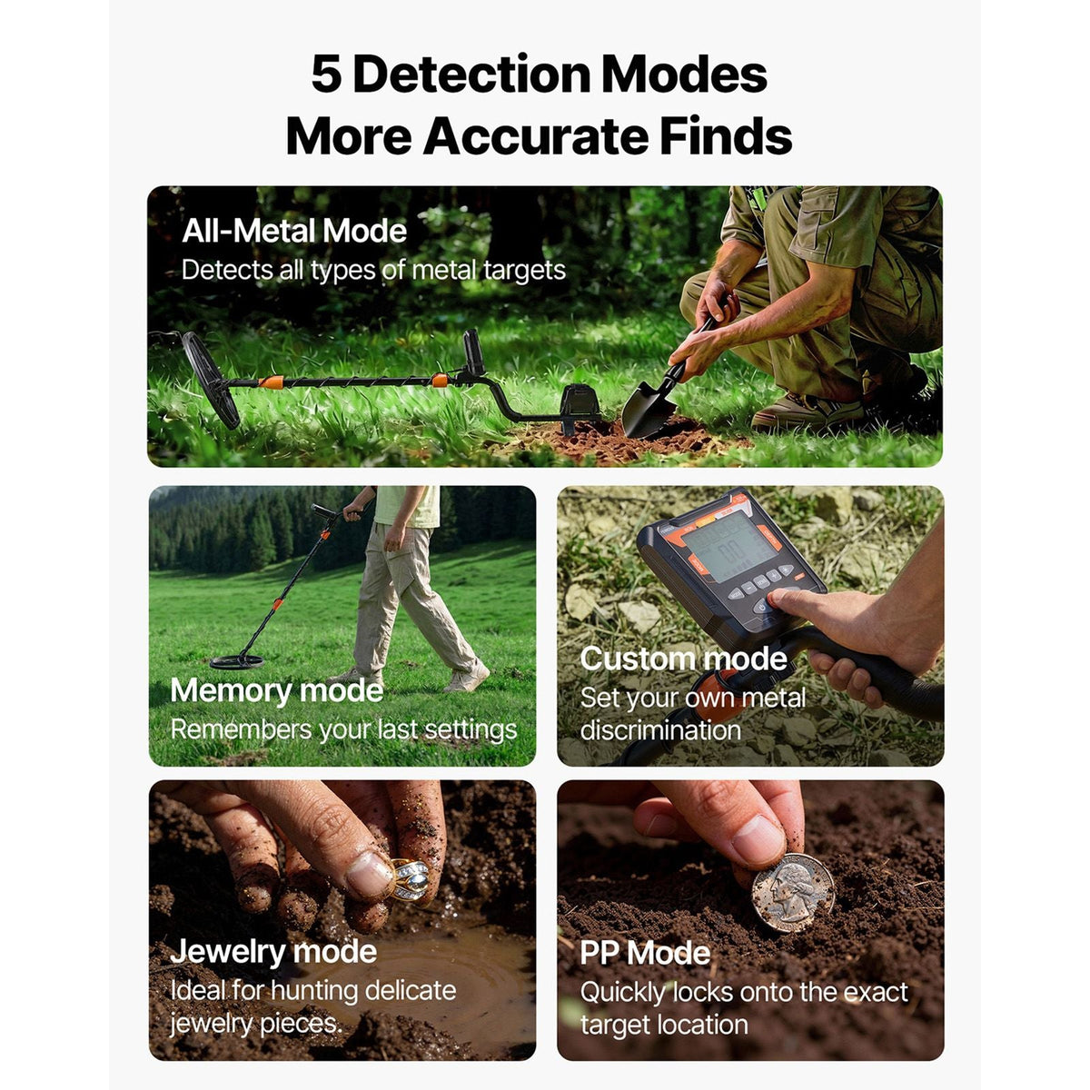 Metal Detector for Adults, 10", Professional High Accuracy Gold Detector, IP68 Waterproof Search Coil with Display, Headphones, 5 Modes, Adjustable Length, for Detecting Gold Treasure Hunting