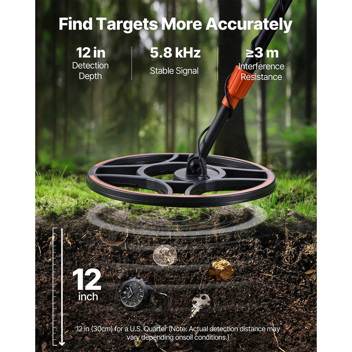 Metal Detector for Adults, 12", Professional High Accuracy Gold Detector, IP68 Waterproof Search Coil with Display, Headphones, 6 Modes, Adjustable Length, for Detecting Gold Treasure Hunting