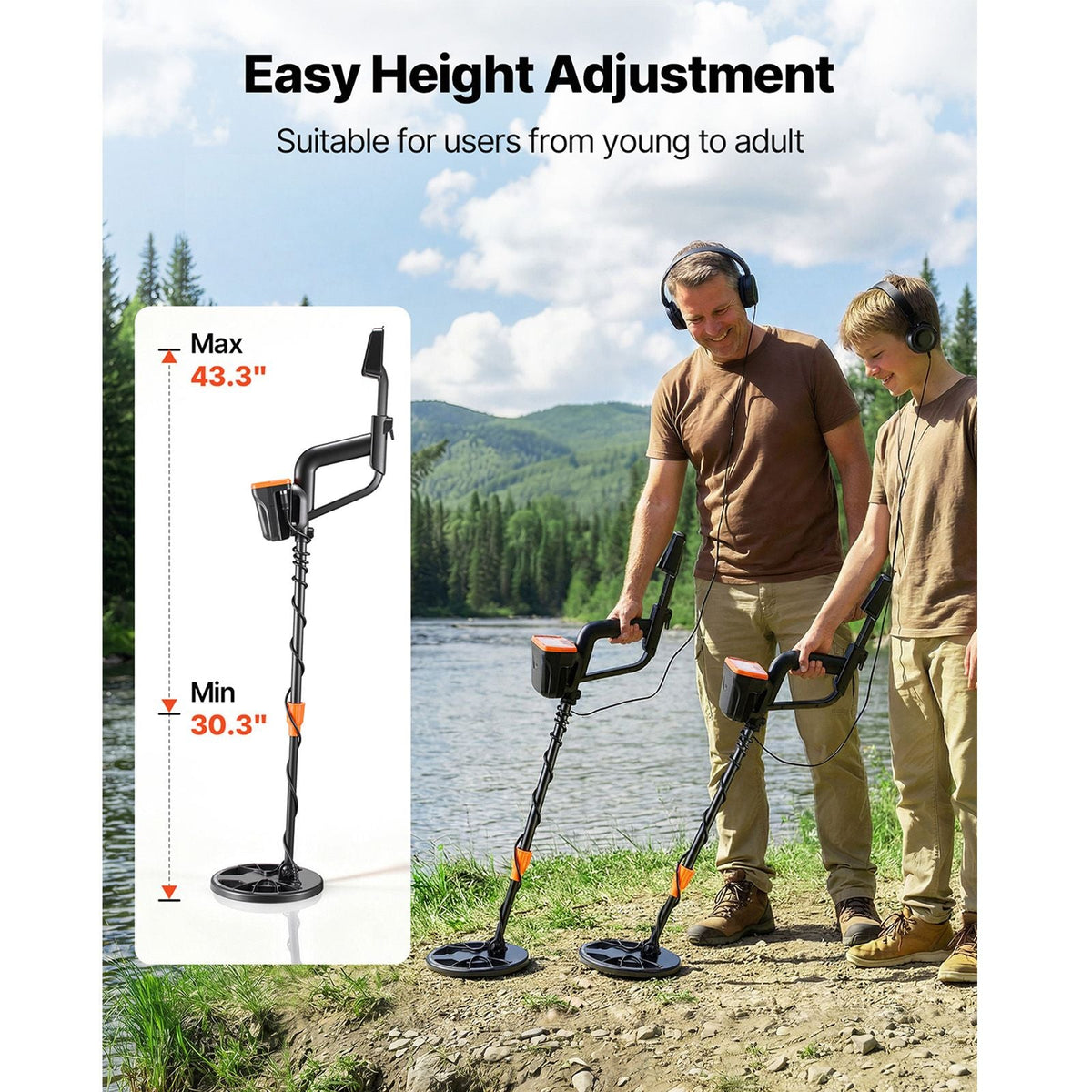 Metal Detector for Adults, 8", Professional High Accuracy Gold Detector, IP68 Waterproof Search Coil with Display, Headphones, 3 Modes, Adjustable Length, for Detecting Gold Treasure Hunting