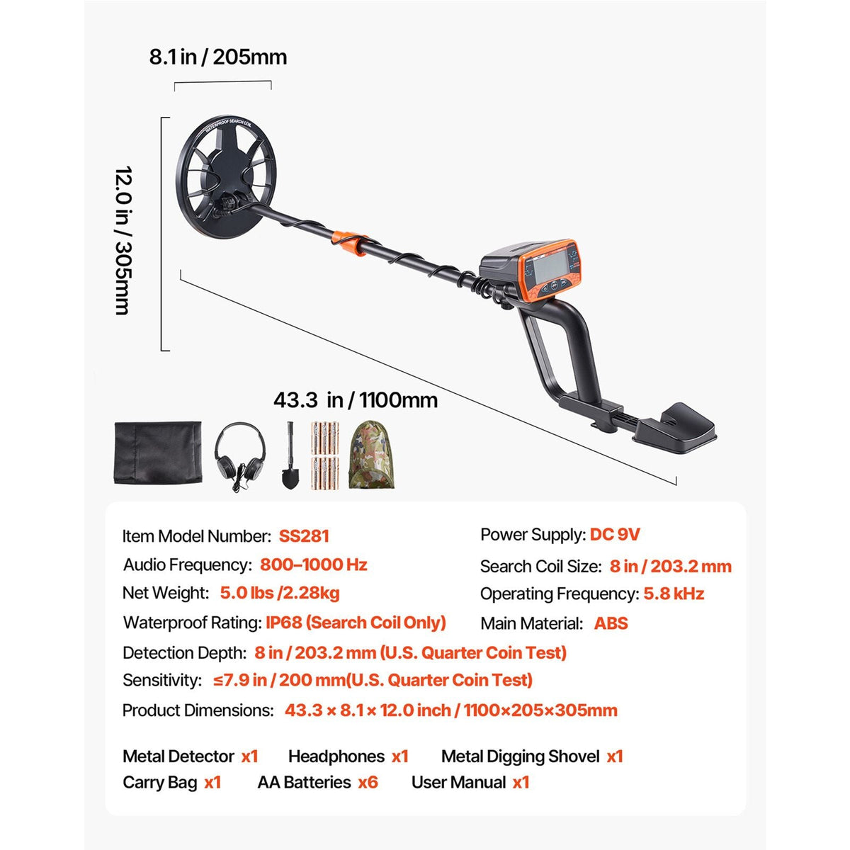 Metal Detector for Adults, 8", Professional High Accuracy Gold Detector, IP68 Waterproof Search Coil with Display, Headphones, 3 Modes, Adjustable Length, for Detecting Gold Treasure Hunting