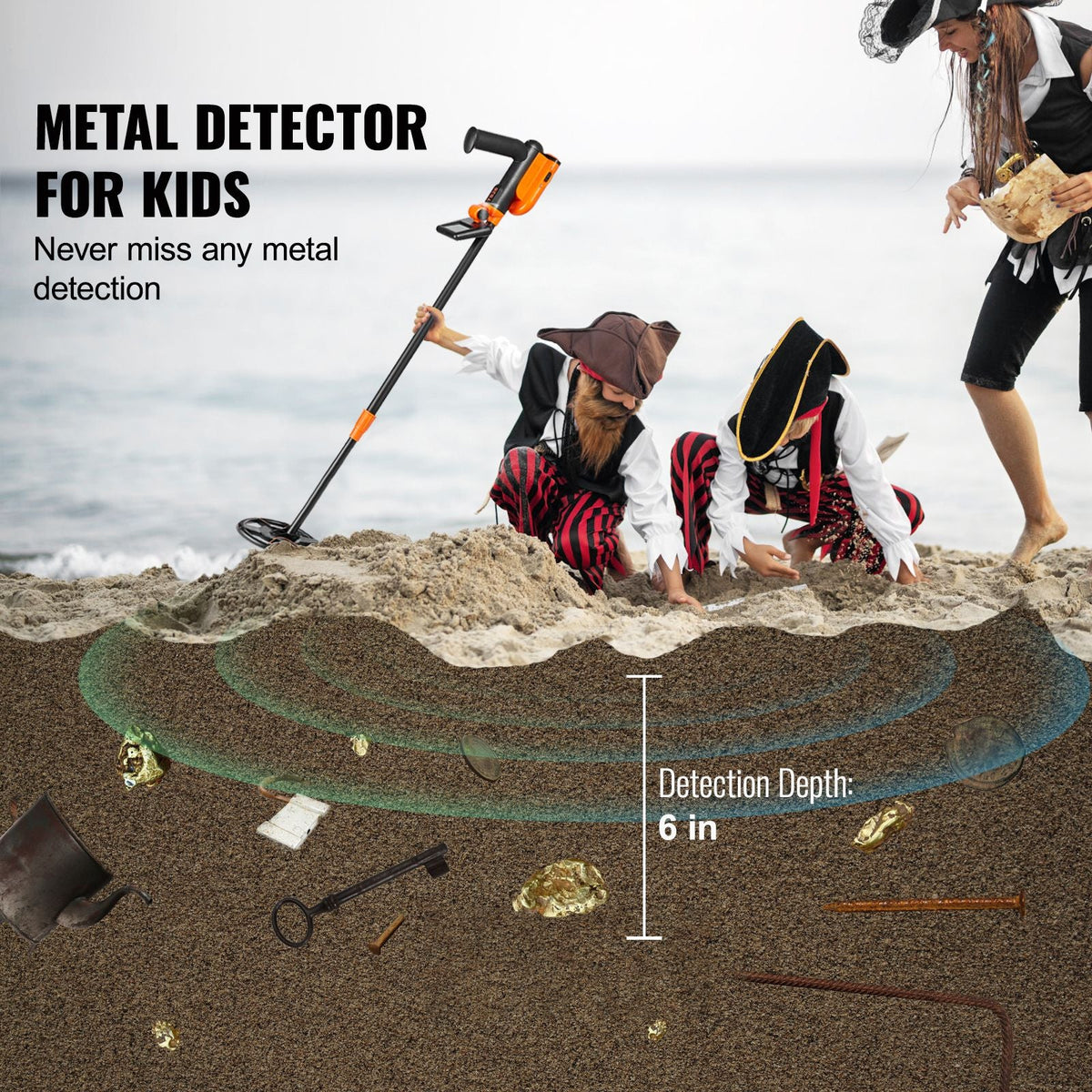 Metal Detector for Kids, 6 Inch, 25''-37'' Adjustable Gold Detector, IP68 Waterproof Search Coil with LCD Display Advanced DSP Chip, Lightweight for Junior & Youth Detecting Gold Coin Treasure