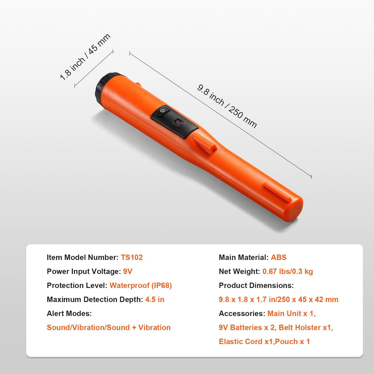 Metal Detector Pinpointer, IP68 Fully Waterproof Handheld Pin Pointer Wand, 4.5" Detection Depth, 3 Modes, Professional Treasure Hunting Probe with Holster and 9V Battery, for Adults and Kids