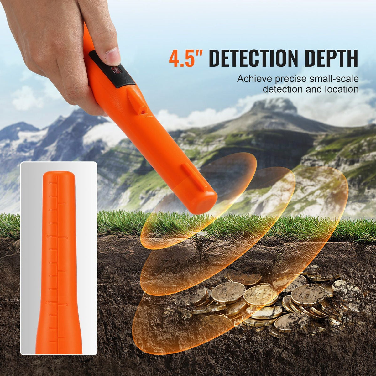 Metal Detector Pinpointer, IP68 Fully Waterproof Handheld Pin Pointer Wand, 4.5" Detection Depth, 3 Modes, Professional Treasure Hunting Probe with Holster and 9V Battery, for Adults and Kids