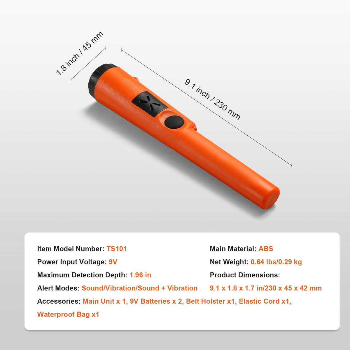 Metal Detector Pinpointer, Partial Waterproof Handheld Pin Pointer Wand, 1.96" Detection Depth, 3 Modes, Treasure Hunting Probe with Holster, Waterproof Bag and 9V Battery, for Adults and Kids
