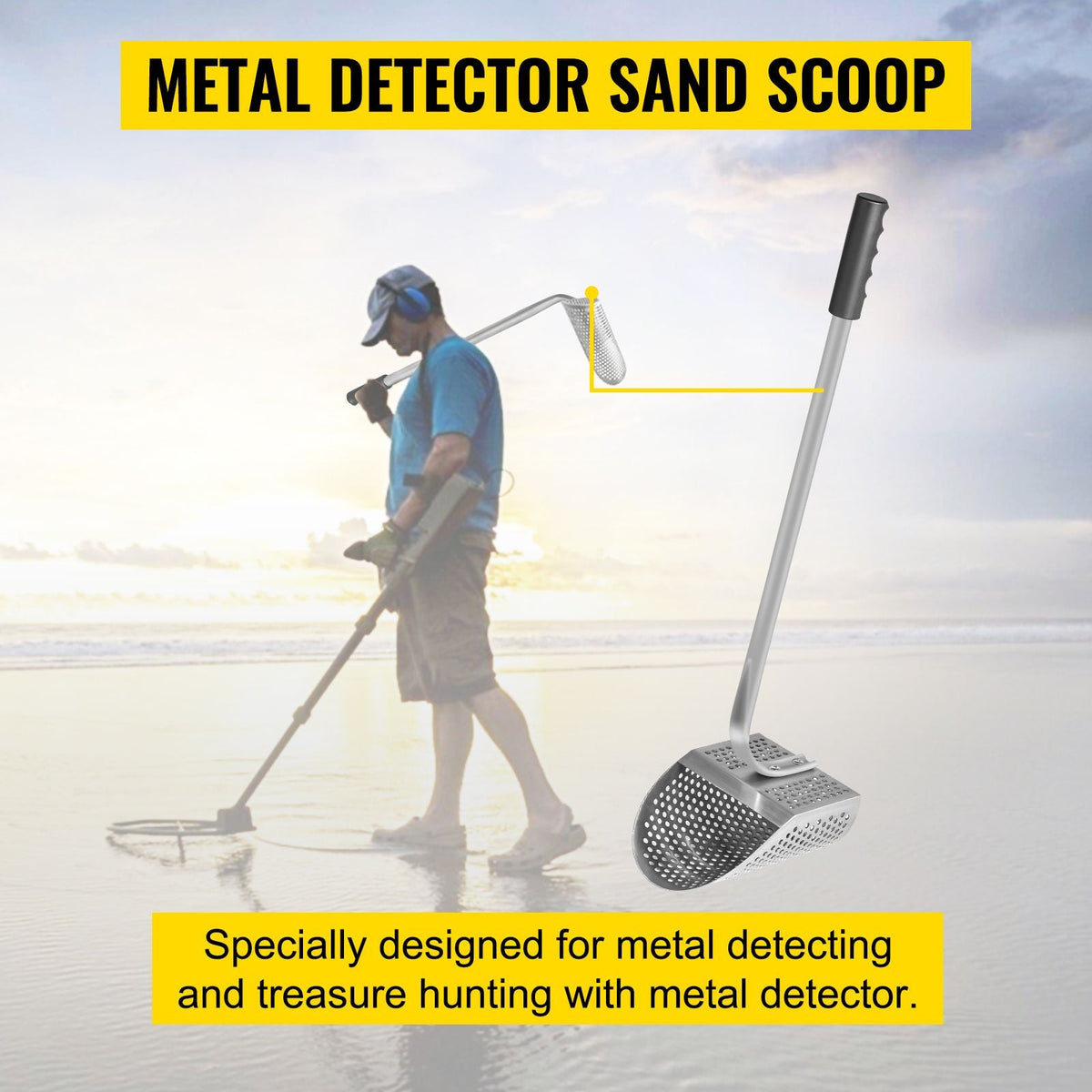 Metal Detector Sand Scoop, Stainless Steel Metal Detecting Beach Scoop Scoops, 10 MM Hole Beach Metal Detector Scoop Shovel, with Stainless Steel Handle Pole, for Metal Detecting Treasure Huntin