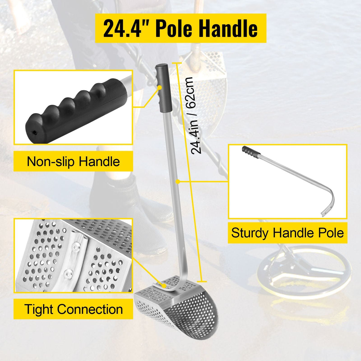 Metal Detector Sand Scoop, Stainless Steel Metal Detecting Beach Scoop Scoops, 10 MM Hole Beach Metal Detector Scoop Shovel, with Stainless Steel Handle Pole, for Metal Detecting Treasure Huntin