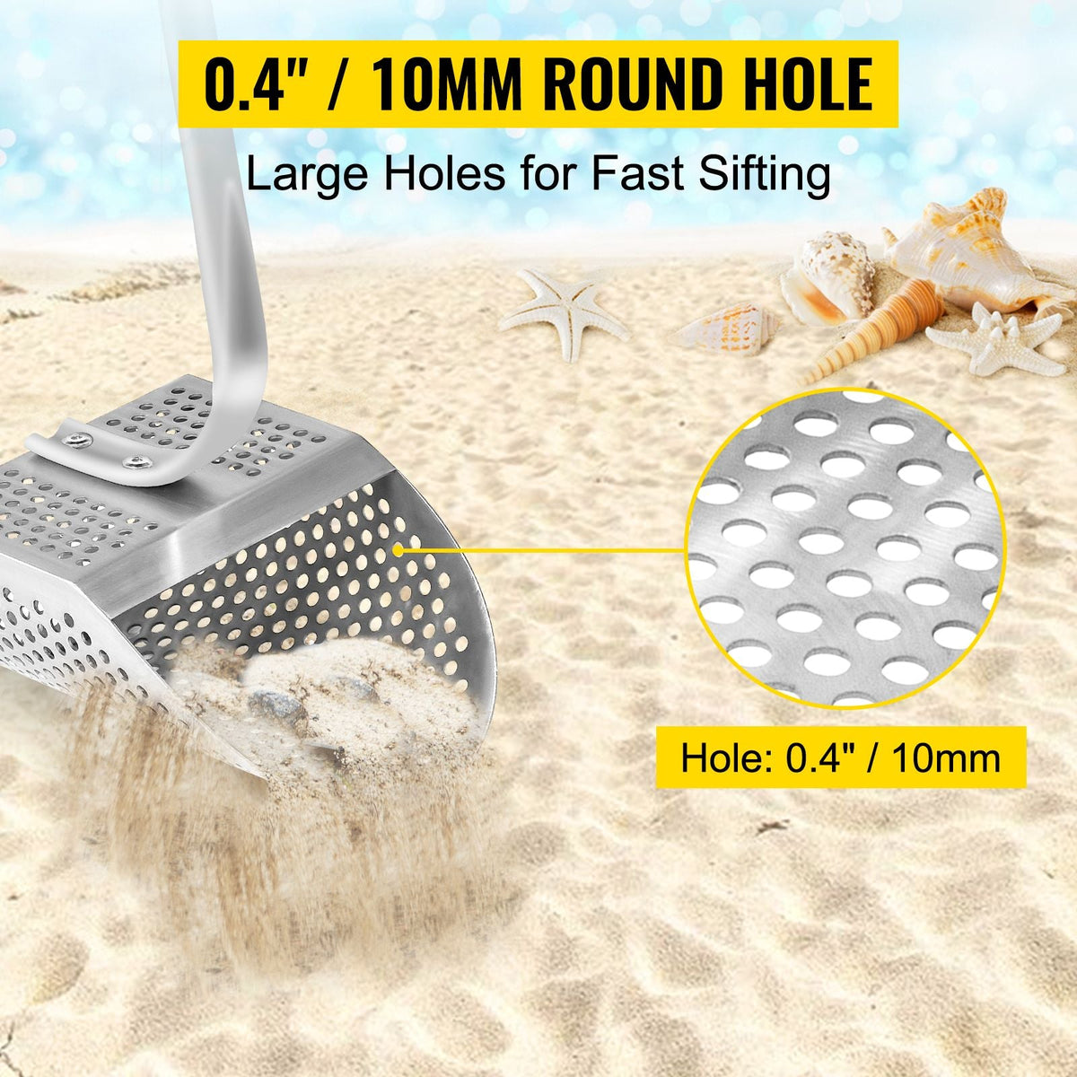 Metal Detector Sand Scoop, Stainless Steel Metal Detecting Beach Scoop Scoops, 10 MM Hole Beach Metal Detector Scoop Shovel, with Stainless Steel Handle Pole, for Metal Detecting Treasure Huntin