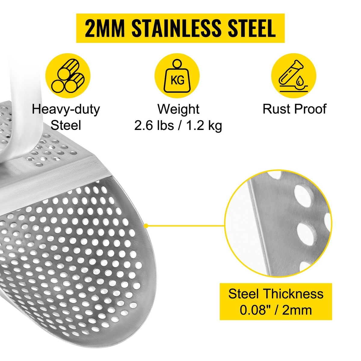 Metal Detector Sand Scoop, Stainless Steel Metal Detecting Beach Scoop Scoops, 10 MM Hole Beach Metal Detector Scoop Shovel, with Stainless Steel Handle Pole, for Metal Detecting Treasure Huntin