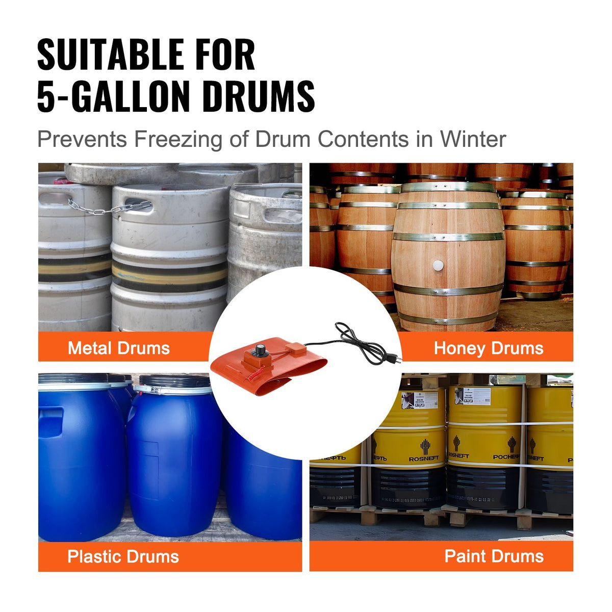 Metal Drum Heater, 800 Watt 7.75 inch Width, Pail Heating Band for 5 Gallon Barrel, 86-302Fahrenheit Adjustable Thermostat, High Efficiency Silicone Grease Keg Heater, FCC Listed Orange
