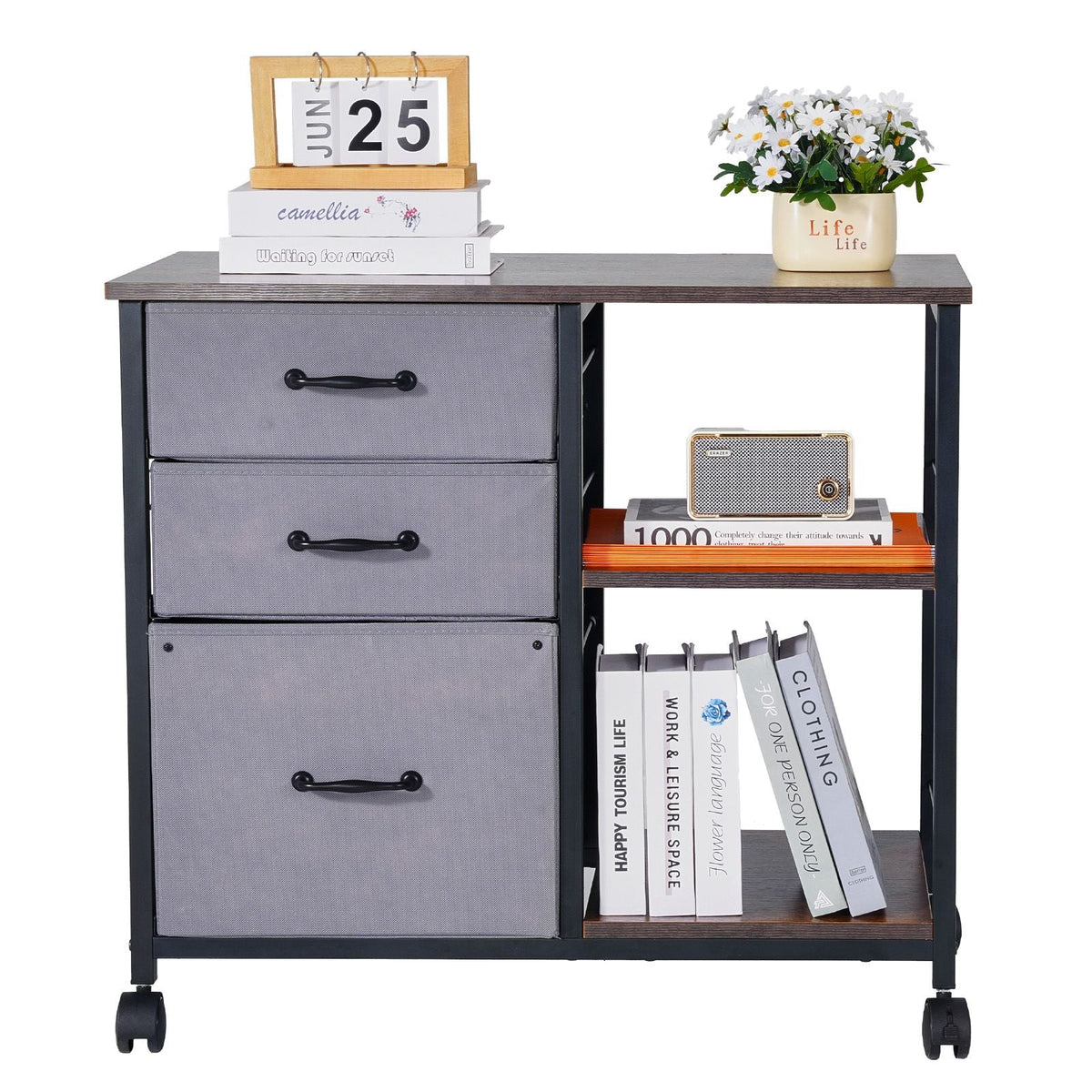Metal File Cabinet, Mobile Filing Cabinet with 3 Fabric Drawers and 2 Open Shelves, Wooden Vertical Filing Storage Cabinets with Wheels for Letter, A4, Legal Size File, Easy Assembly, Brown