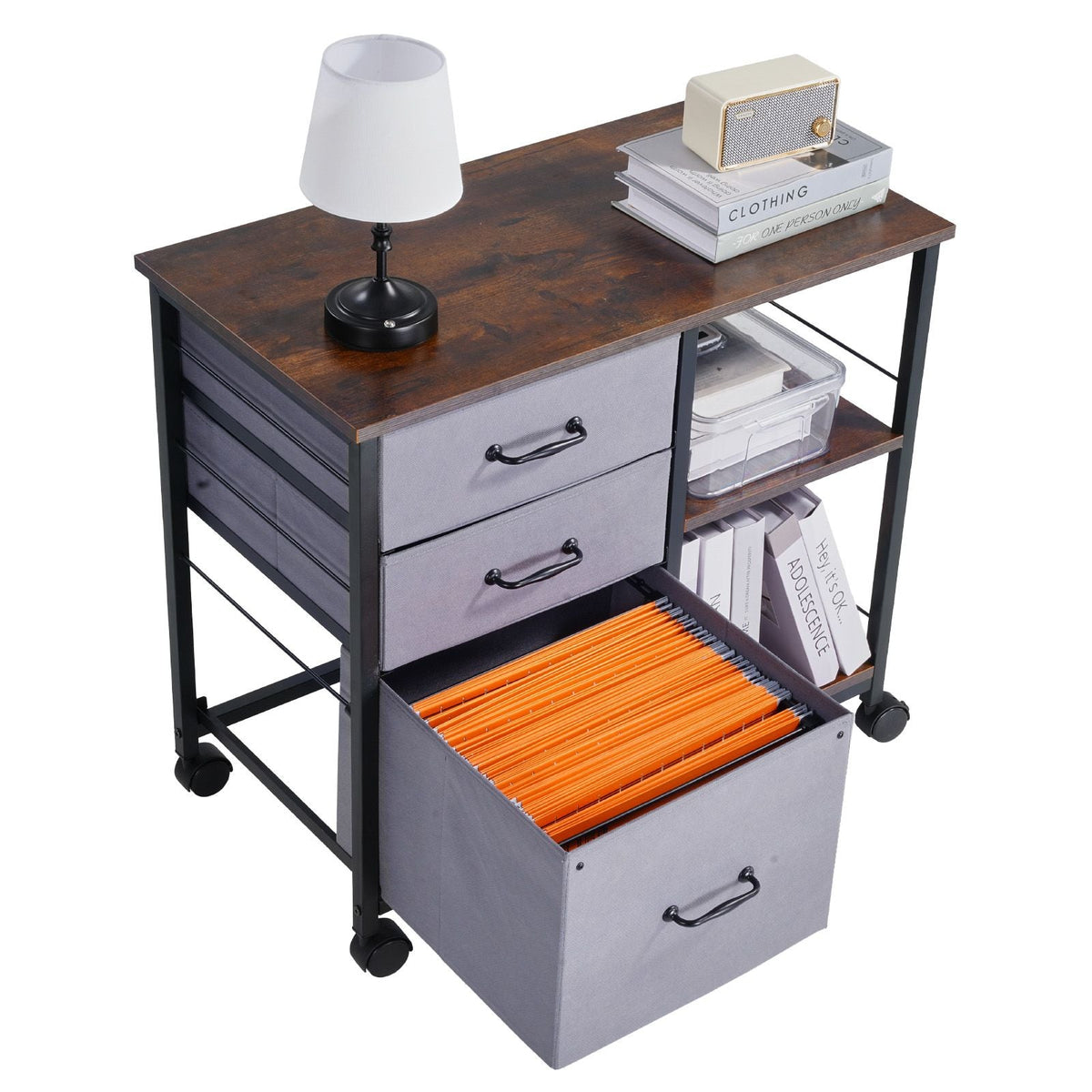 Metal File Cabinet, Mobile Filing Cabinet with 3 Fabric Drawers and 2 Open Shelves, Wooden Vertical Filing Storage Cabinets with Wheels for Letter, A4, Legal Size File, Easy Assembly, Brown